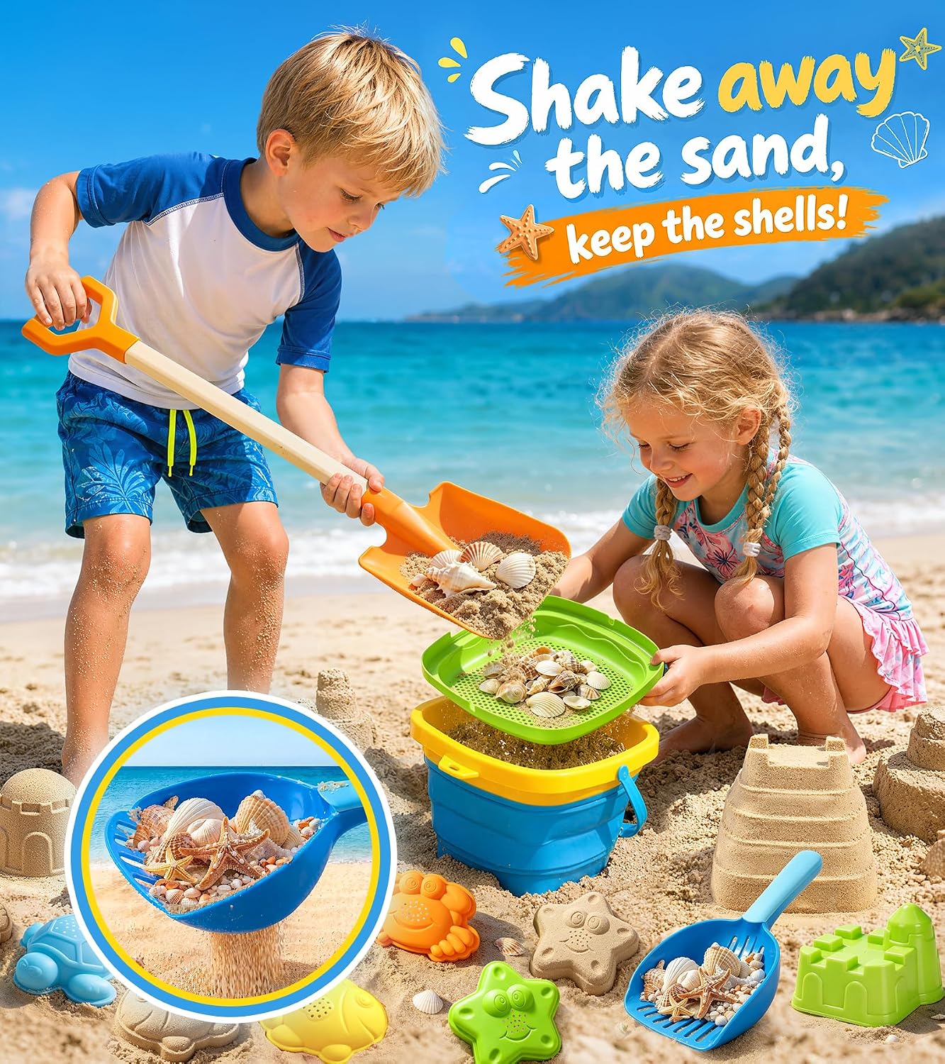 HotCollapsible Beach Sand Toys for Kids, Sandbox Toys Summer Travel Essentials | Includes Bucket, Sand Shovel, Beach Sifter, Castle Molds, Toddler Beach Toys with Mesh Bag, Outdoor Beach for Kids Girls