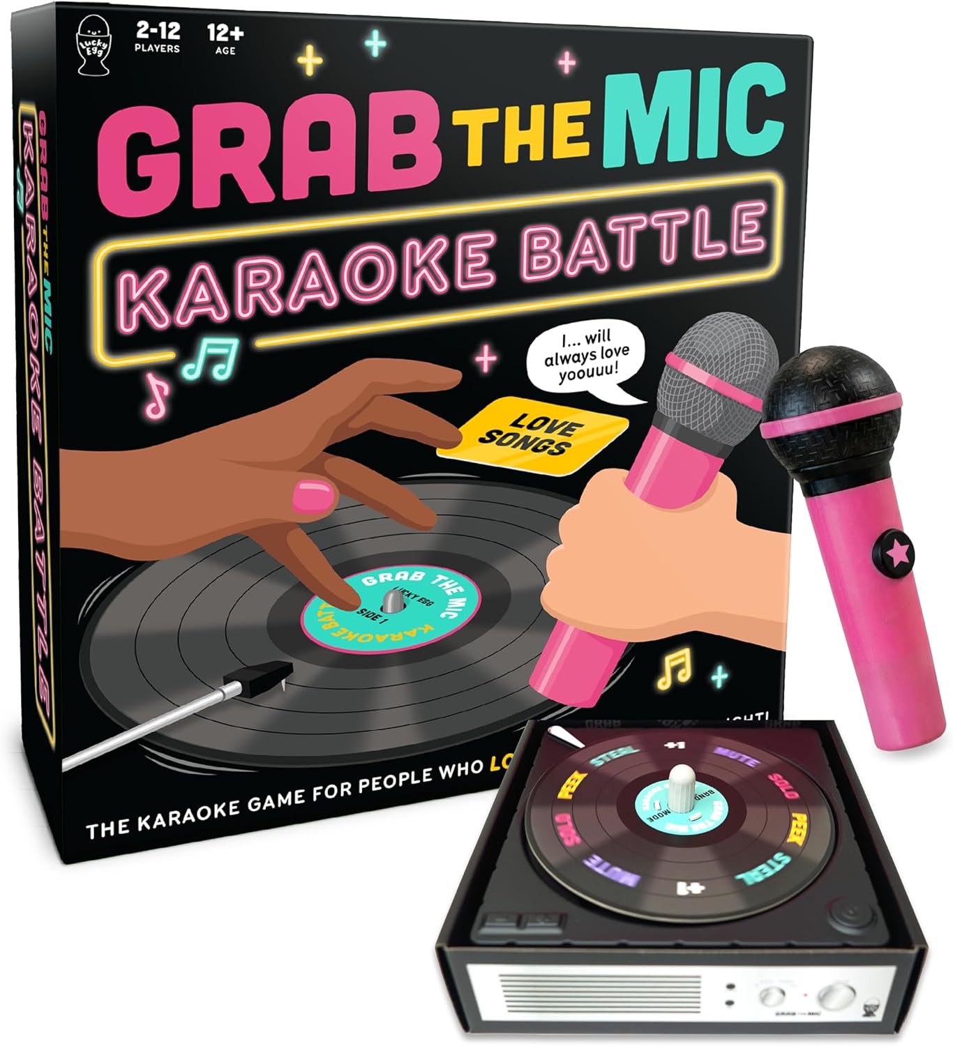 HotLucky Egg Official Grab The Mic – Family Karaoke Board Game w/Foam Mic, 8+ Ages, 2-10 Players - Games for Bad Singers w/ 230 Lyrics (115 Cards)