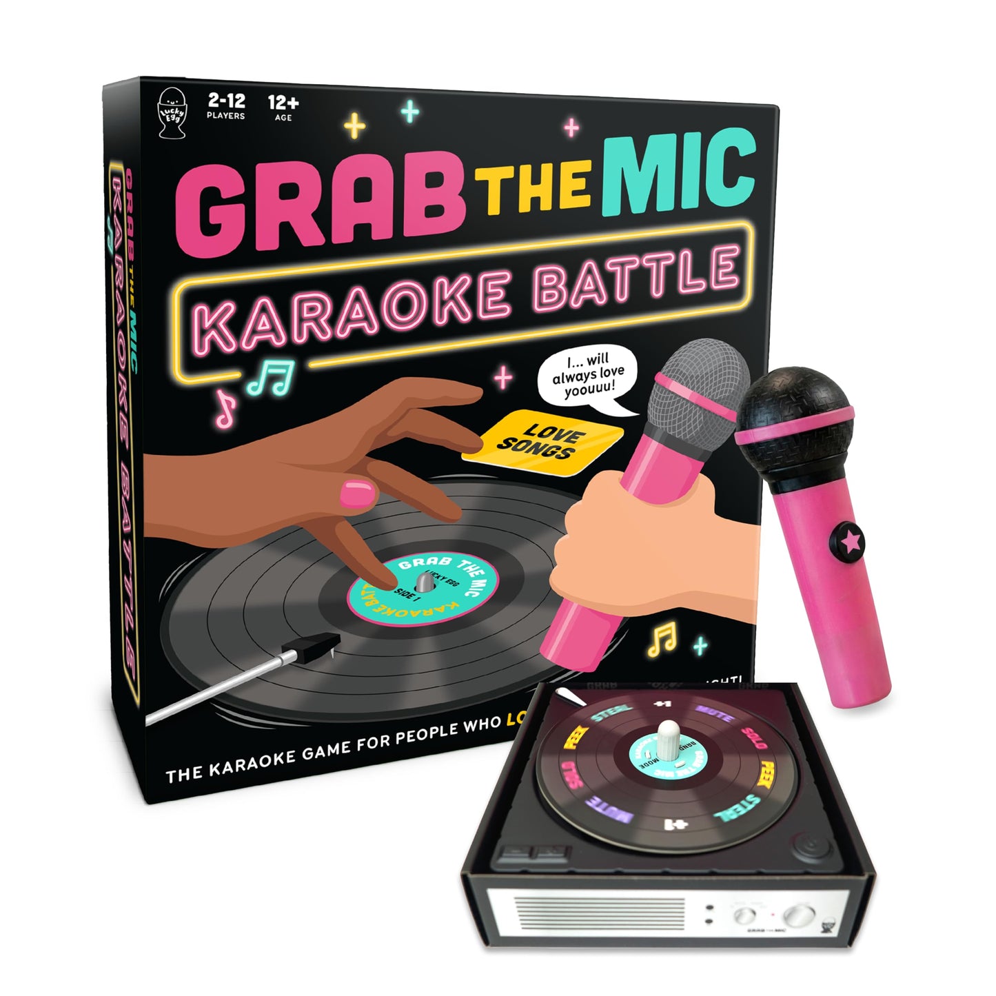 HotLucky Egg Official Grab The Mic – Family Karaoke Board Game w/Foam Mic, 8+ Ages, 2-10 Players - Games for Bad Singers w/ 230 Lyrics (115 Cards)