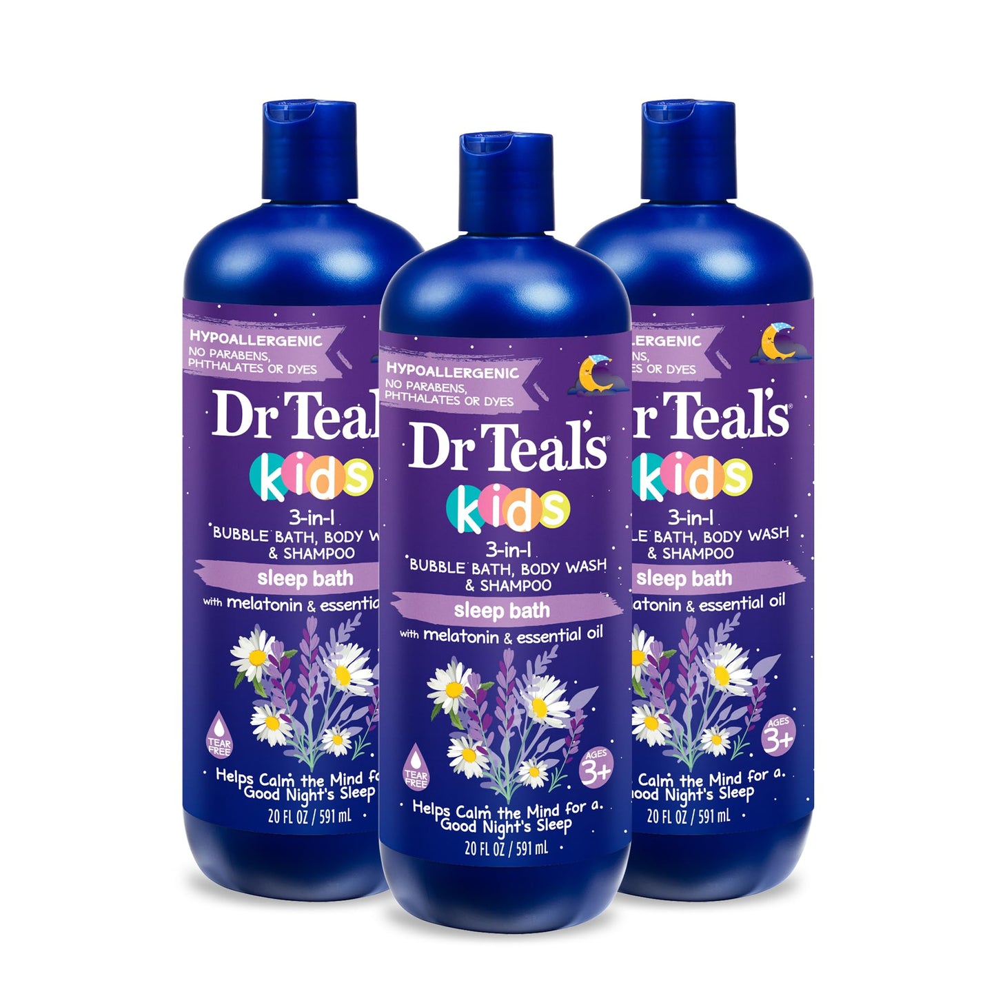 HotDr Teal's Kids 3-in-1 Sleep Bubble Bath, Body Wash & Shampoo with Melatonin & Essential Oil, Lavender Scent, 20 fl oz (Pack of 3)