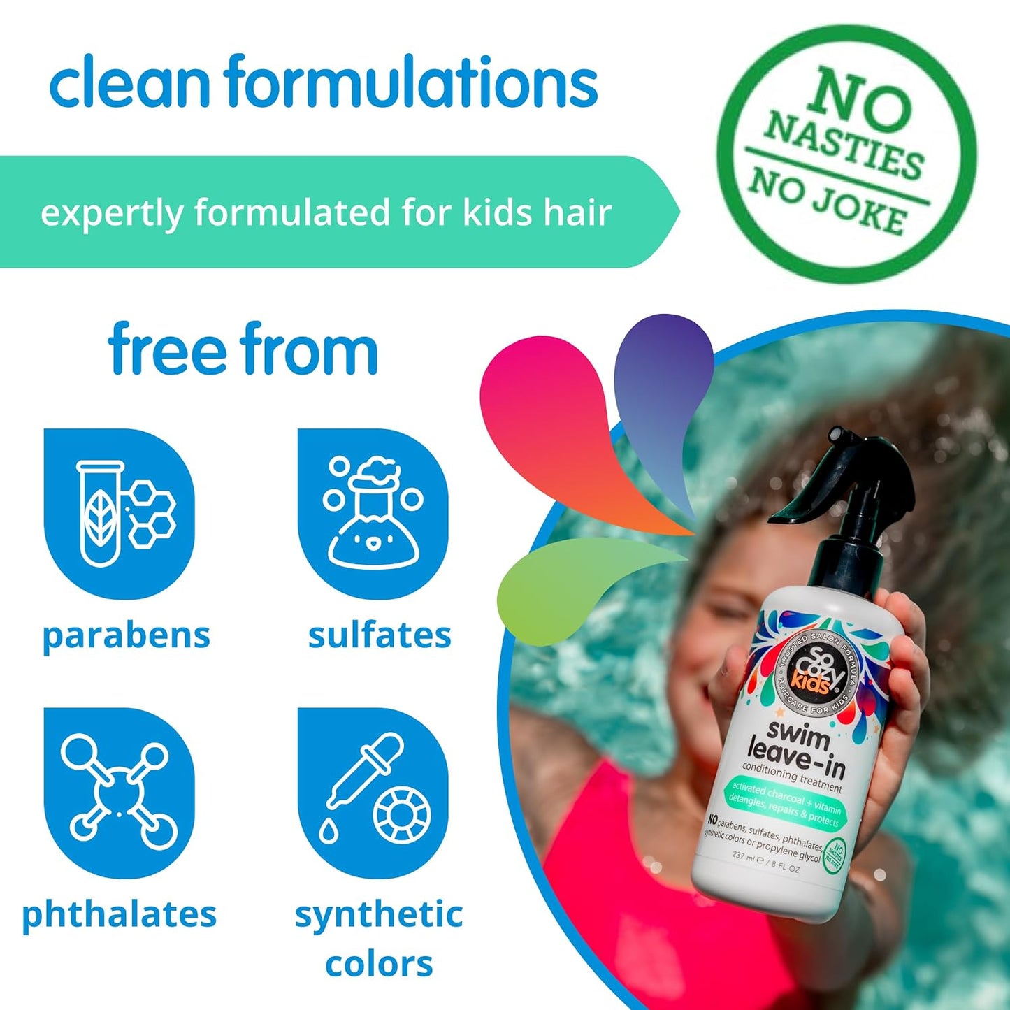 HotSoCozy Swim Leave In Conditioner Spray & Treatment for Kids Hair (8 Fl Oz) Protects & Repairs Pool, Sun & Salt Damaged Hair, Gentle Formula with Activated Charcoal, Vitamin B5 & Sunflower Seed Extract