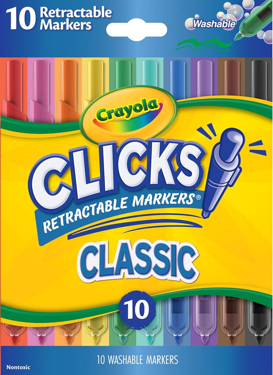 HotCrayola Clicks Retractable Tip Markers (10ct), Washable Cone Tip Art Marker Set, Cute Aesthetic School Supplies, Classroom Must Haves, Ages 3+