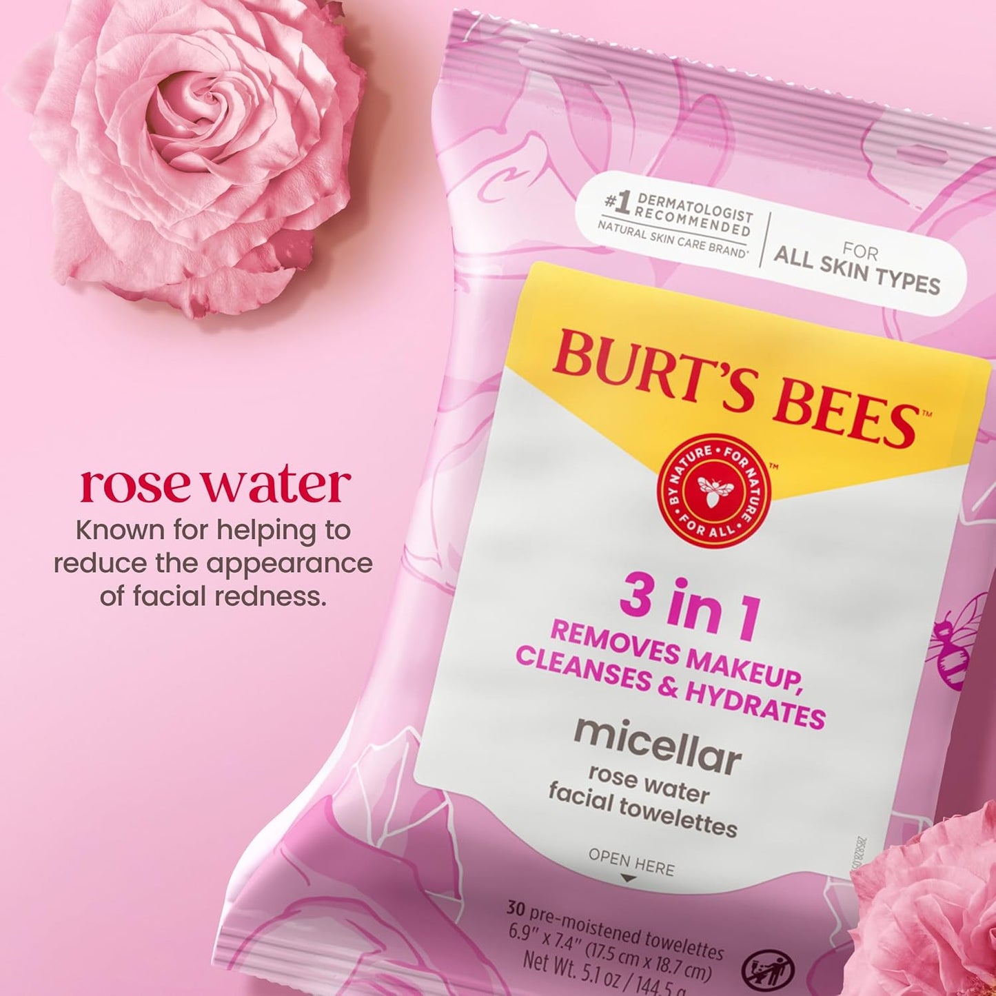 HotBurts Bees Micellar Rose Water Facial Towelettes, 100% Plant Based Cloth; 99% Natural Origin; Remove Makeup, Cleanse, Hydrate; No Greasy, Oily Residue; All Skin Types; 30 Ct, Pack of 3 (Pack May Vary)