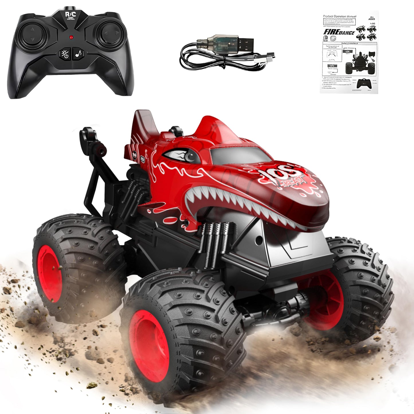 HotBEZGAR Monster Truck Toys - Remote Control Monster Truck with Light & Music, Dinosaur Toys for Kids, 1:20 Scale RC Truck with 360° Spins and Drifting, Remote Control Car for Boys 4-7