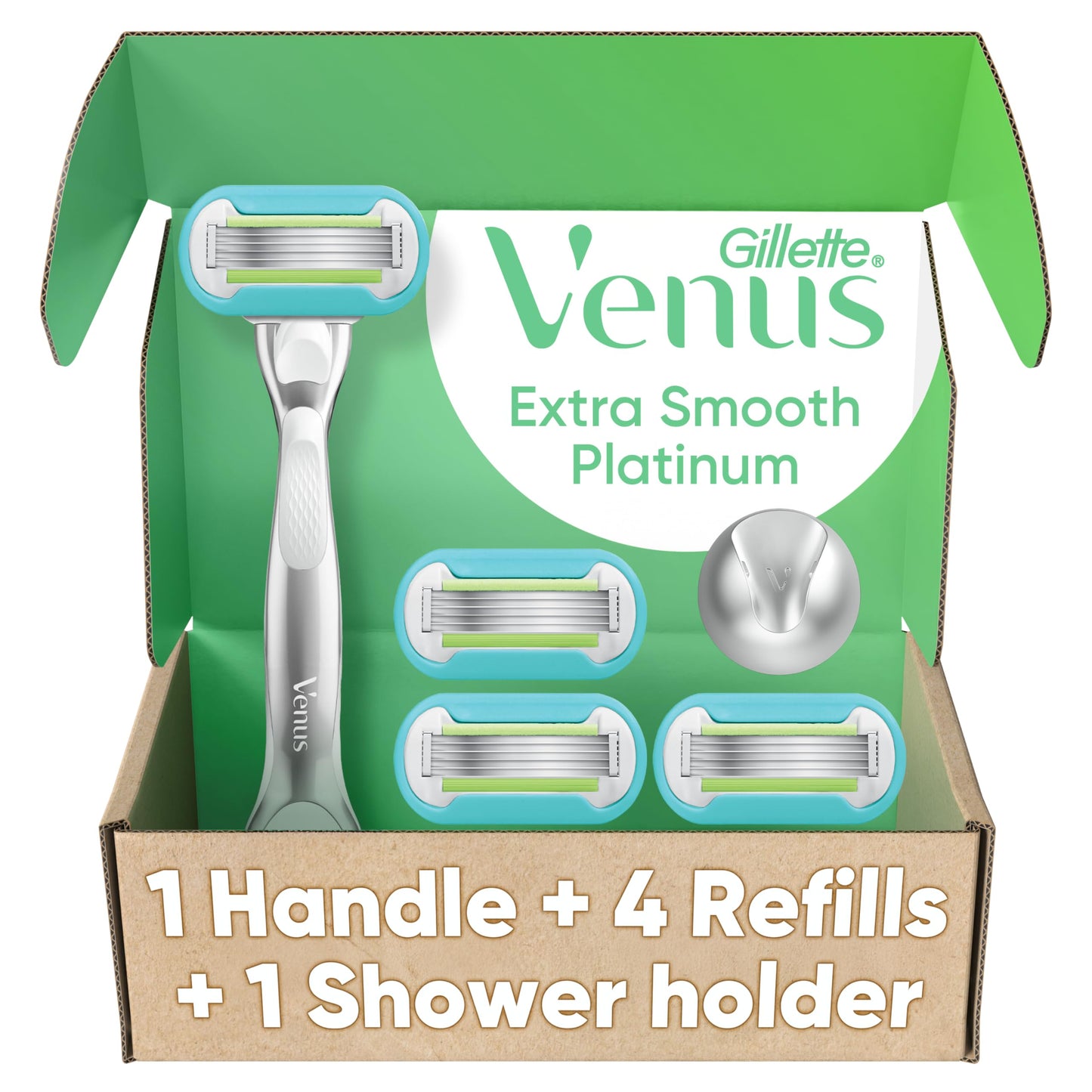HotGillette Venus Razor for Women, Extra Smooth, Includes 1 Reusable Razor Handle + 4 count 5-Bladed Razor Refills, Women's Razor with Durable Metal Handle and Shower Holder