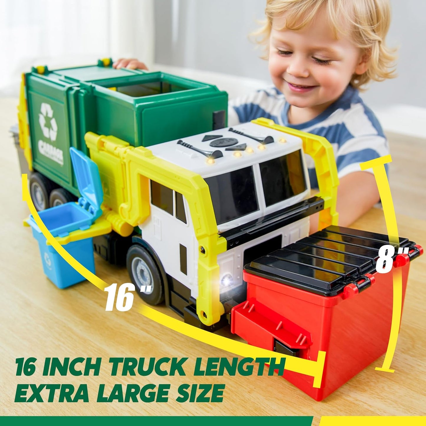 HotJOYIN Large Friction Powered Garbage Truck Toy Set, Includes 1 Dumpster, 3 Trash Bins, and 30 Learning Cards for Kids, Boy Toys Birthday Gift, Green