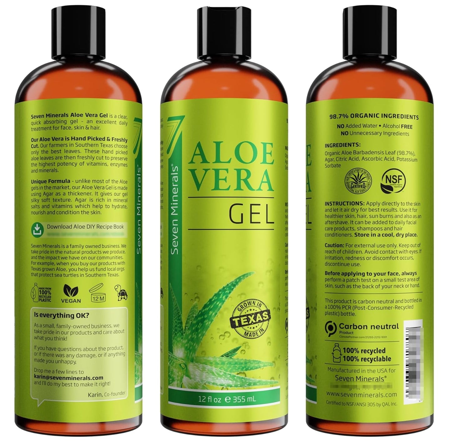HotSeven Minerals Aloe Vera Gel with Freshly Cut Pure Organic Aloe - Big 12oz - Texas Grown, HighestQuality, Vegan, Unscented, Non-Sticky - After Sun, Skin & Face Moisturizer, Hair Mask