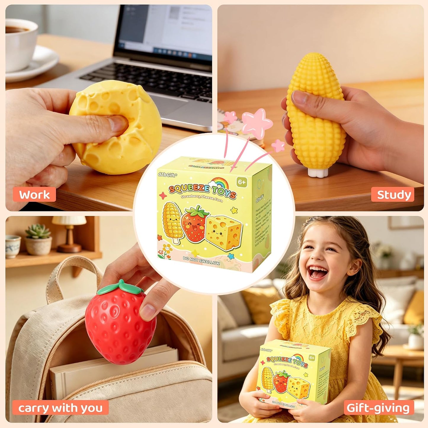 Hot 3pcs Fruit Squishy- Cheese Squishy,Strawberry Corn Squishy,Squeeze Toys,Fruit squishies for Stress Relief,Gift for Boys Girls Adults