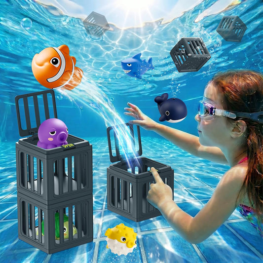 HotTikduck Pool Diving Toys for Kids, Underwater Swim Game Set with 6 Floating Sea Animals & 6 Dive Cages, Summer Water Toys for Pool, Bath & Beach Play, Birthday Gift for Boys Girls Ages 3-12