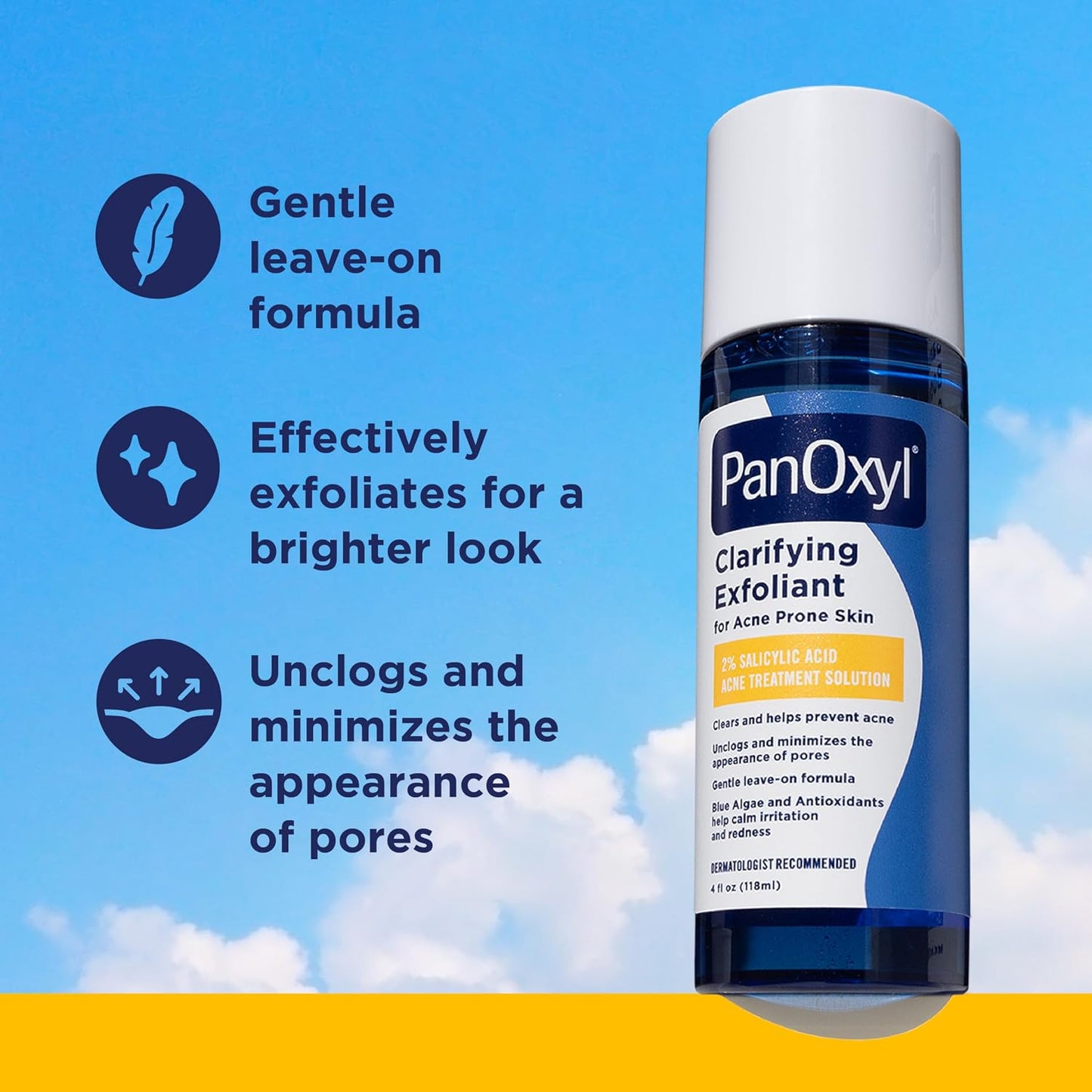 HotPanOxyl Clarifying Exfoliant with 2% Salicylic Acid, BHA Liquid Exfoliant for Face, Unclogs, Minimizes Appearance of Pores, Blue Algae and Antioxidants Help Calm Redness, For Acne Prone Skin, 4 fl oz