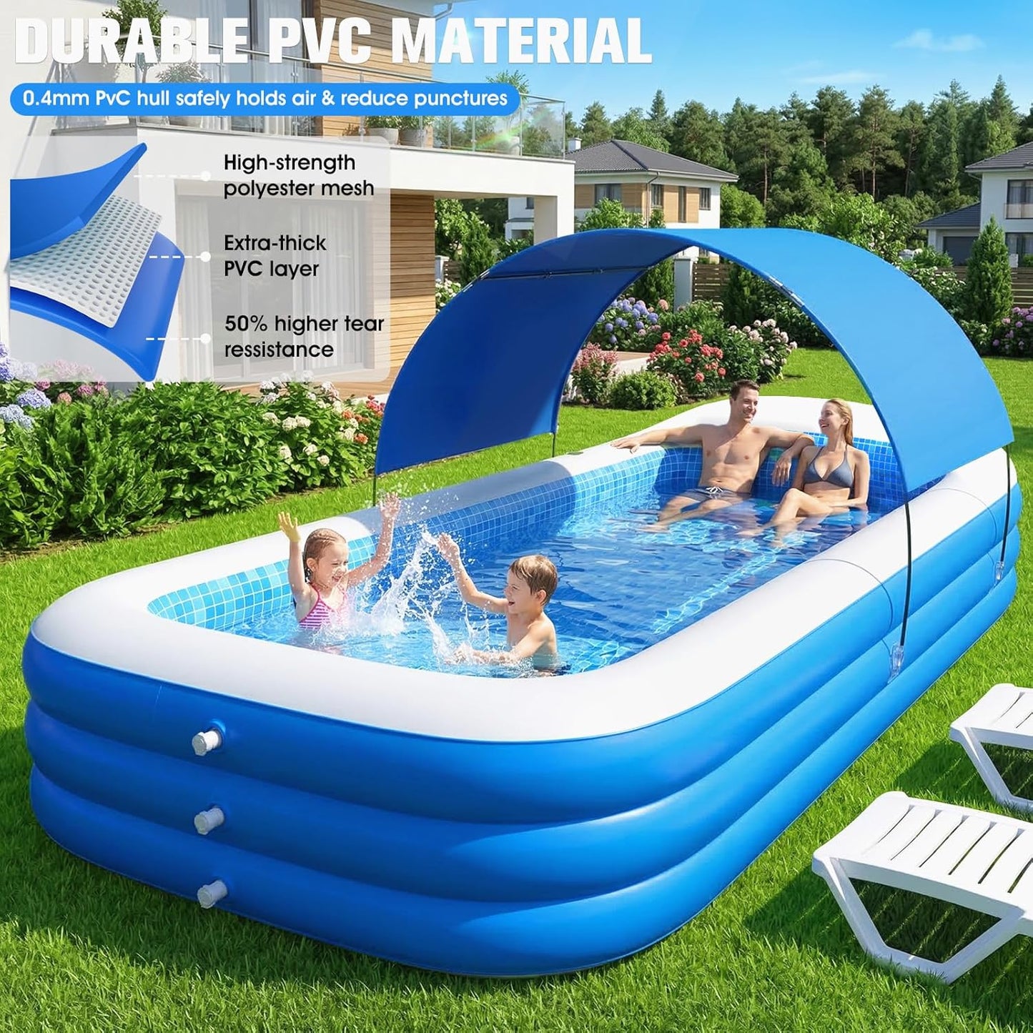 Hot 2026 Inflatable Pool with Canopy,Upgraded Blow Up Pool for Adults&Kids,Large Inflatable Pool with Seat and Big Backrest,Kiddie Pool with Shade,Kid Swimming Pool for Backyard 110"x63"x20"Blue