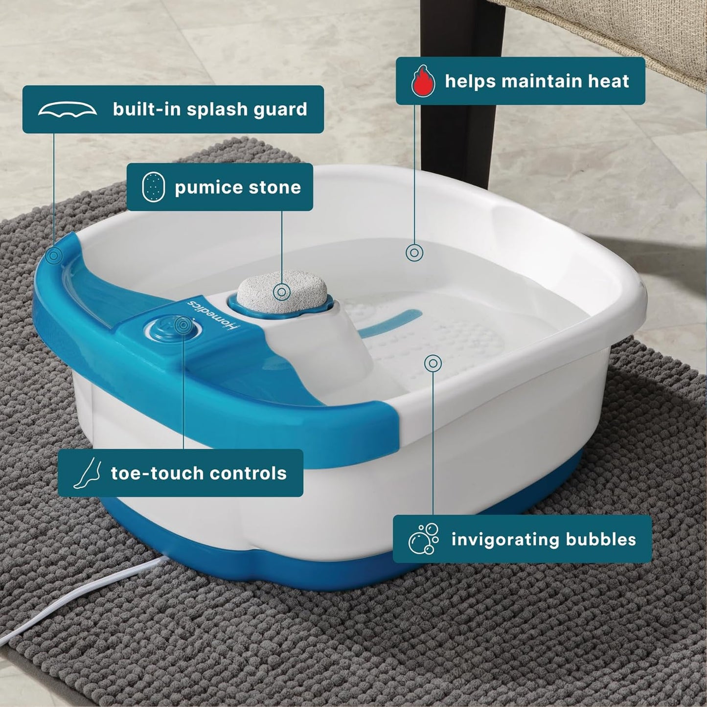 HotHomedics Bubble Mate Foot Spa, Toe Touch Controlled Foot Bath with Invigorating Bubbles and Splash Proof, Raised Massage Nodes and Removable Pumice Stone
