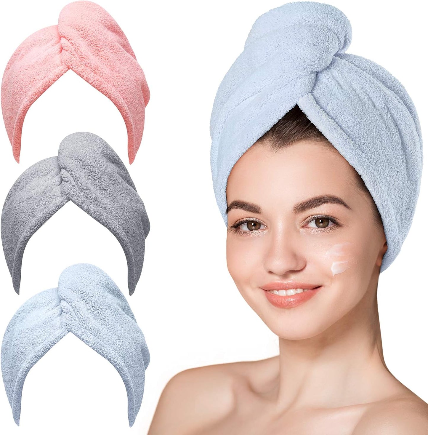 HotHicober Microfiber Hair Towel Wrap, Fast Drying Hair Towels for Women, Soft Lightweight Quick Dry Turban for Curly & Long Hair–3 Pack(Blue/Grey/Pink)