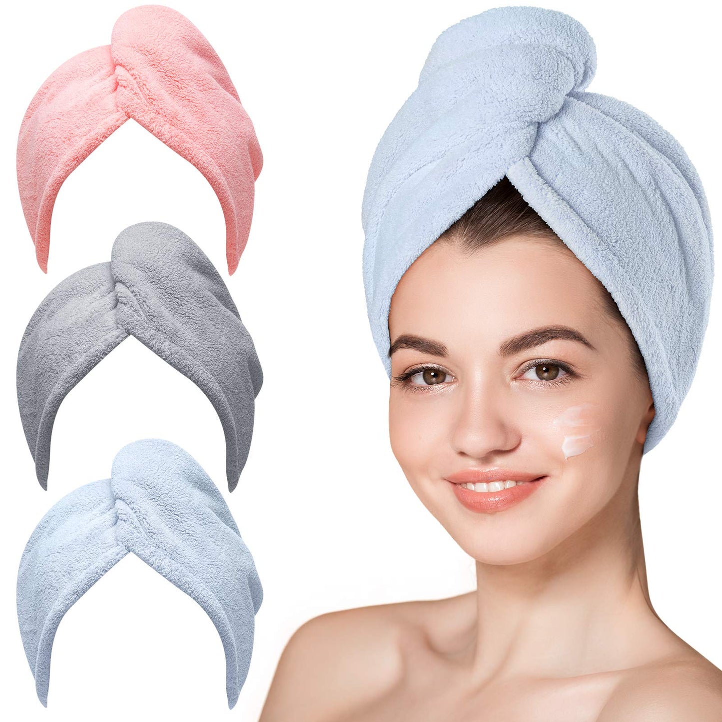HotHicober Microfiber Hair Towel Wrap, Fast Drying Hair Towels for Women, Soft Lightweight Quick Dry Turban for Curly & Long Hair–3 Pack(Blue/Grey/Pink)