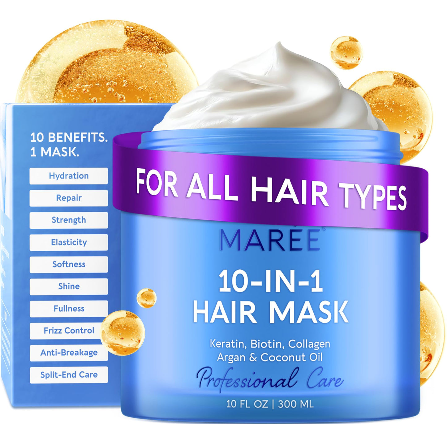 HotMAREE Deep Conditioning Hair Mask for Damaged Hair Treatment – Keratin Hair Care for Hydrating Growth Repair Moisturizing – Dry Curly Color Refreshing – 10 Fl Oz, White