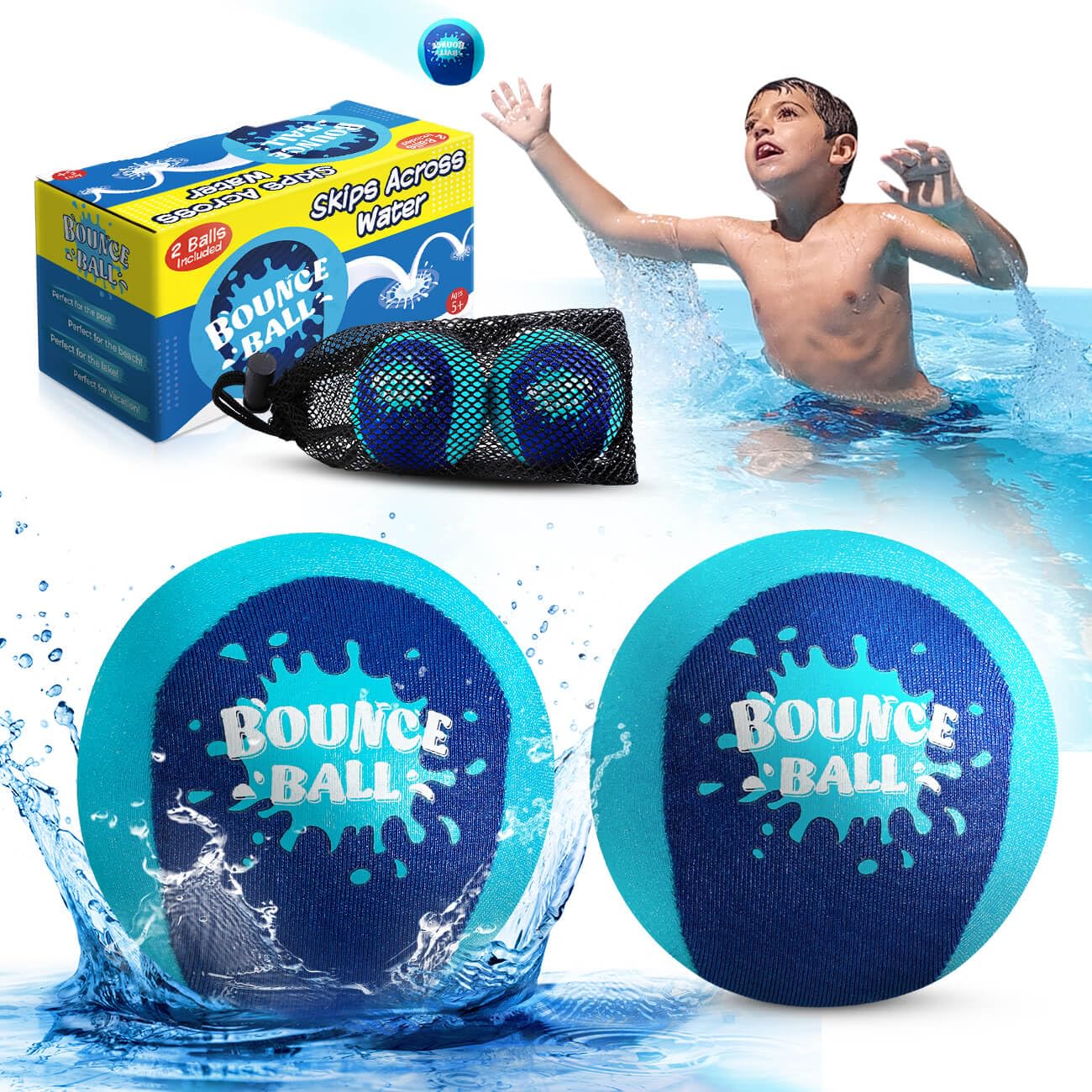 HotBambilo Water Skipping Ball | 2-Pack Bounce Balls | Water Bouncing Beach Balls & Grip Ball | Pool Toys for Kids Age 5-8-12 | Great Summer Water Toy for Beach Swimming Pool River Lake