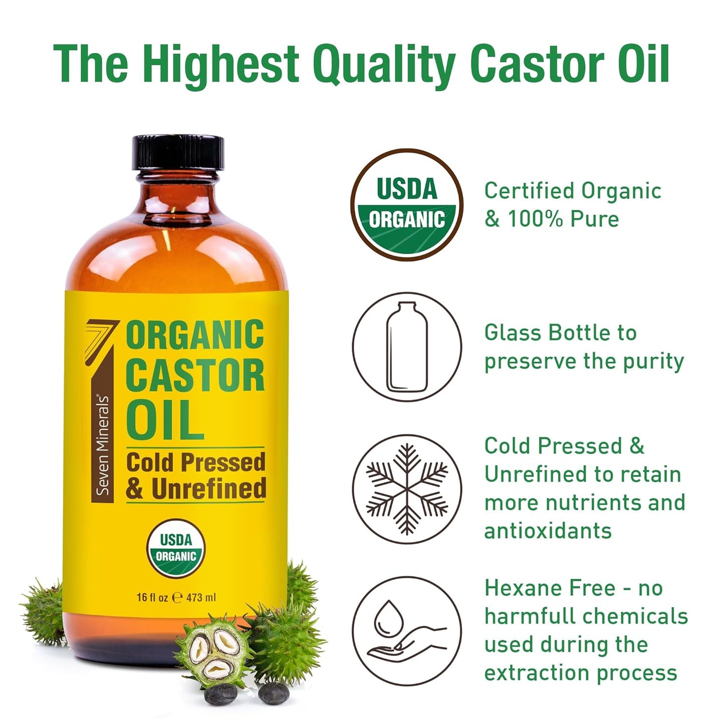 HotSeven Minerals USDA Organic Castor Oil - Big 16 oz Glass Bottle with Pump - 100% Pure Cold Pressed Unrefined Hexane Free - for Hair Growth, Eyelashes, Eyebrows, Skin, Cuticles & Caster Oil Packs