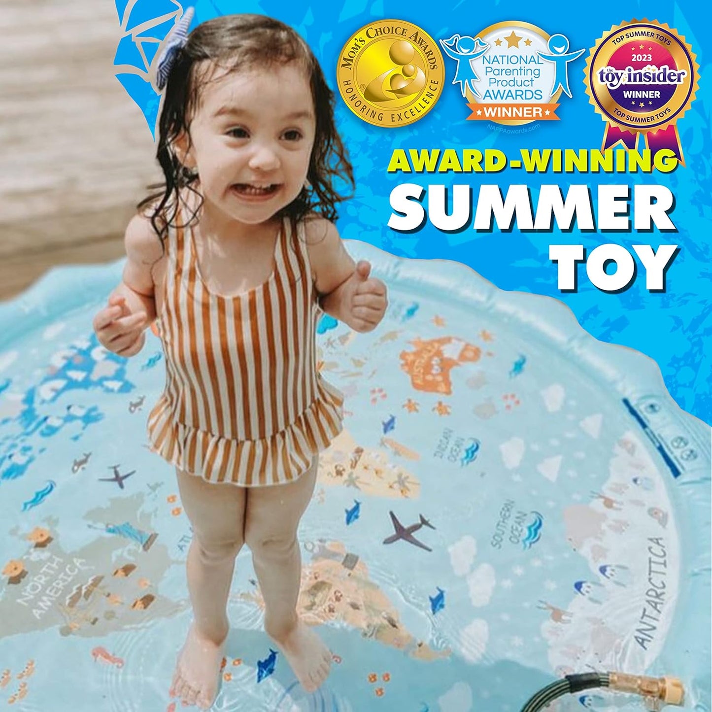Hot SplashEZ 3-in-1 Splash Pad, Sprinkler for Kids and Baby Pool for Learning – Children’s Sprinkler Pool, 60’’ Inflatable Water Summer Toys – “Around The World” Outdoor Play Mat for Babies & Toddlers