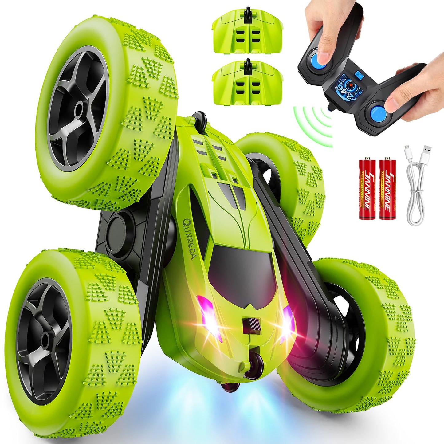 HotQUNREDA Remote Control Car, RC Cars Toys for Kids Ages 6-12, 4WD Stunt Car with LED Lights & 360° Flips, 2.4GHz, Upgraded USB-C Modular Batteries, 8-10 Year Old Boys Birthday Gift 1-Blue