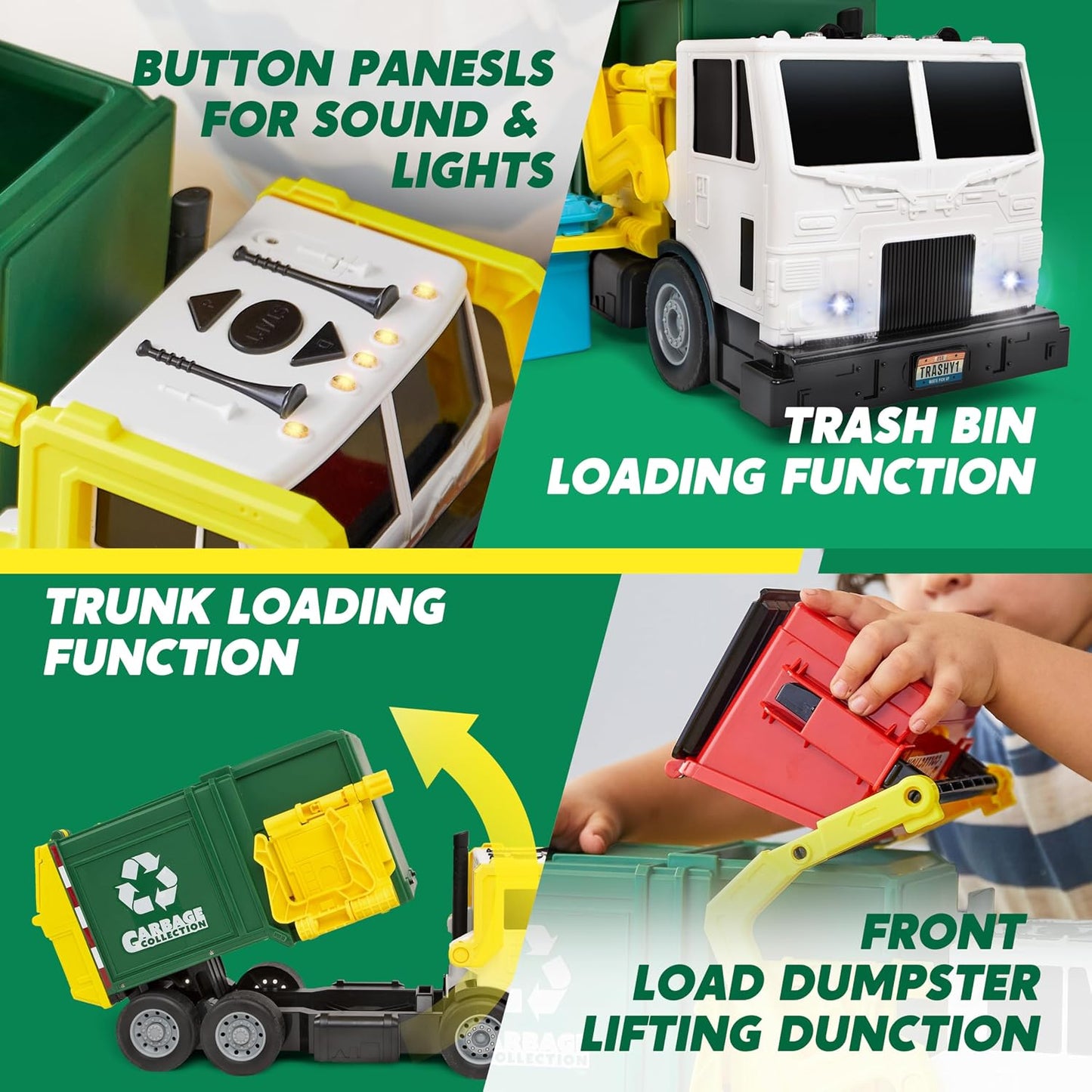 HotJOYIN Large Friction Powered Garbage Truck Toy Set, Includes 1 Dumpster, 3 Trash Bins, and 30 Learning Cards for Kids, Boy Toys Birthday Gift, Green