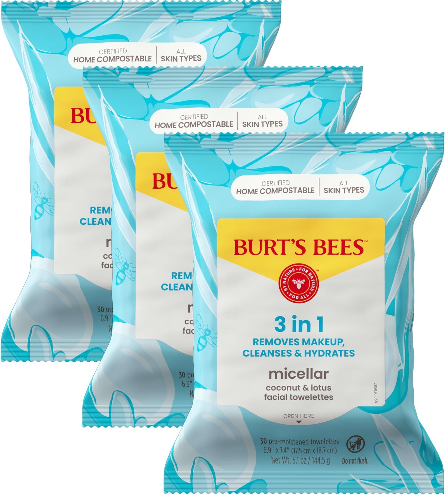 HotBurts Bees Micellar Rose Water Facial Towelettes, 100% Plant Based Cloth; 99% Natural Origin; Remove Makeup, Cleanse, Hydrate; No Greasy, Oily Residue; All Skin Types; 30 Ct, Pack of 3 (Pack May Vary)