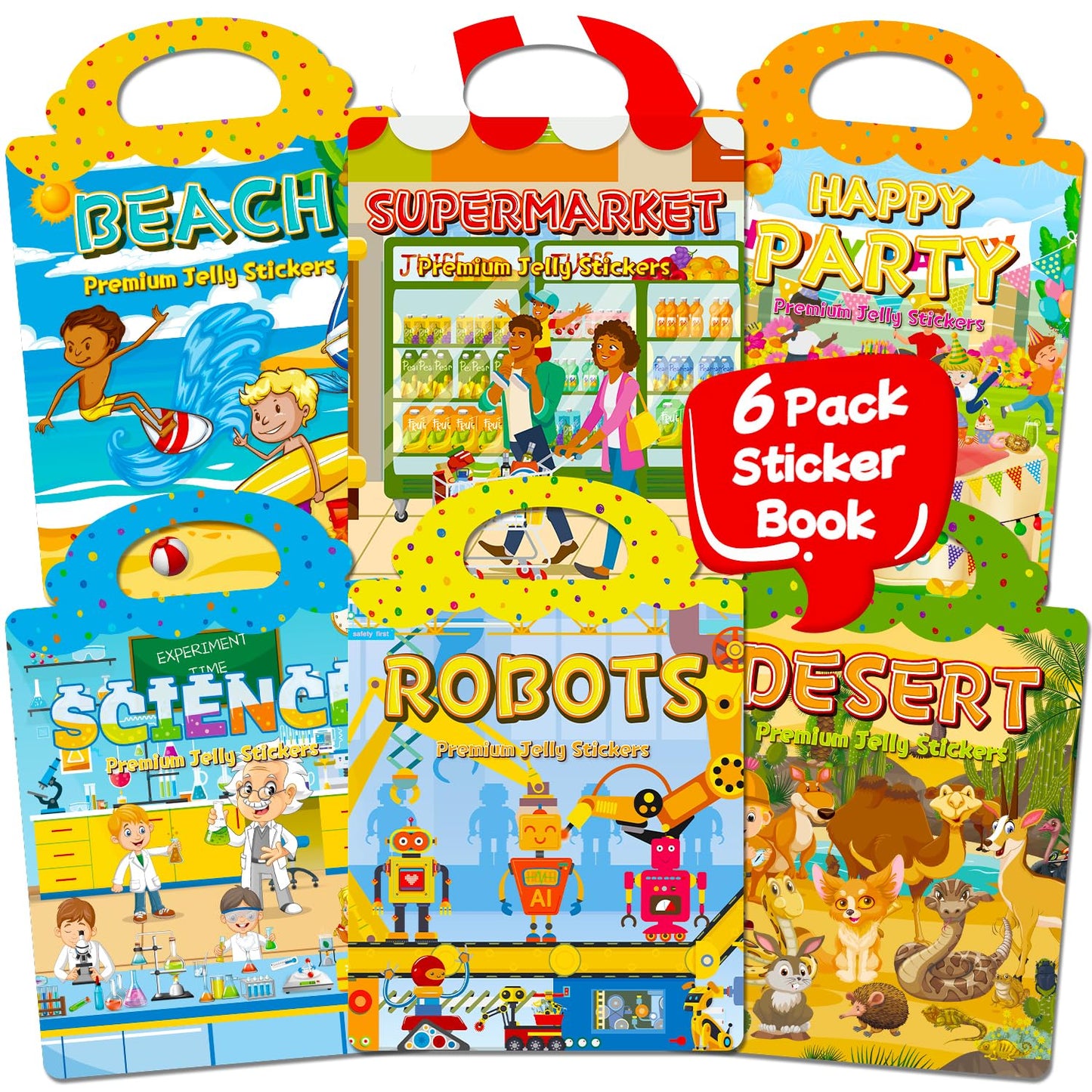Hot6 Sets Reusable Sticker Book for Toddlers 3-6, Jelly Stickers Book for Kids, Travel Sticker Activity Toys for Childs 3 4 5 6 Years Girls & Boys Best Gifts