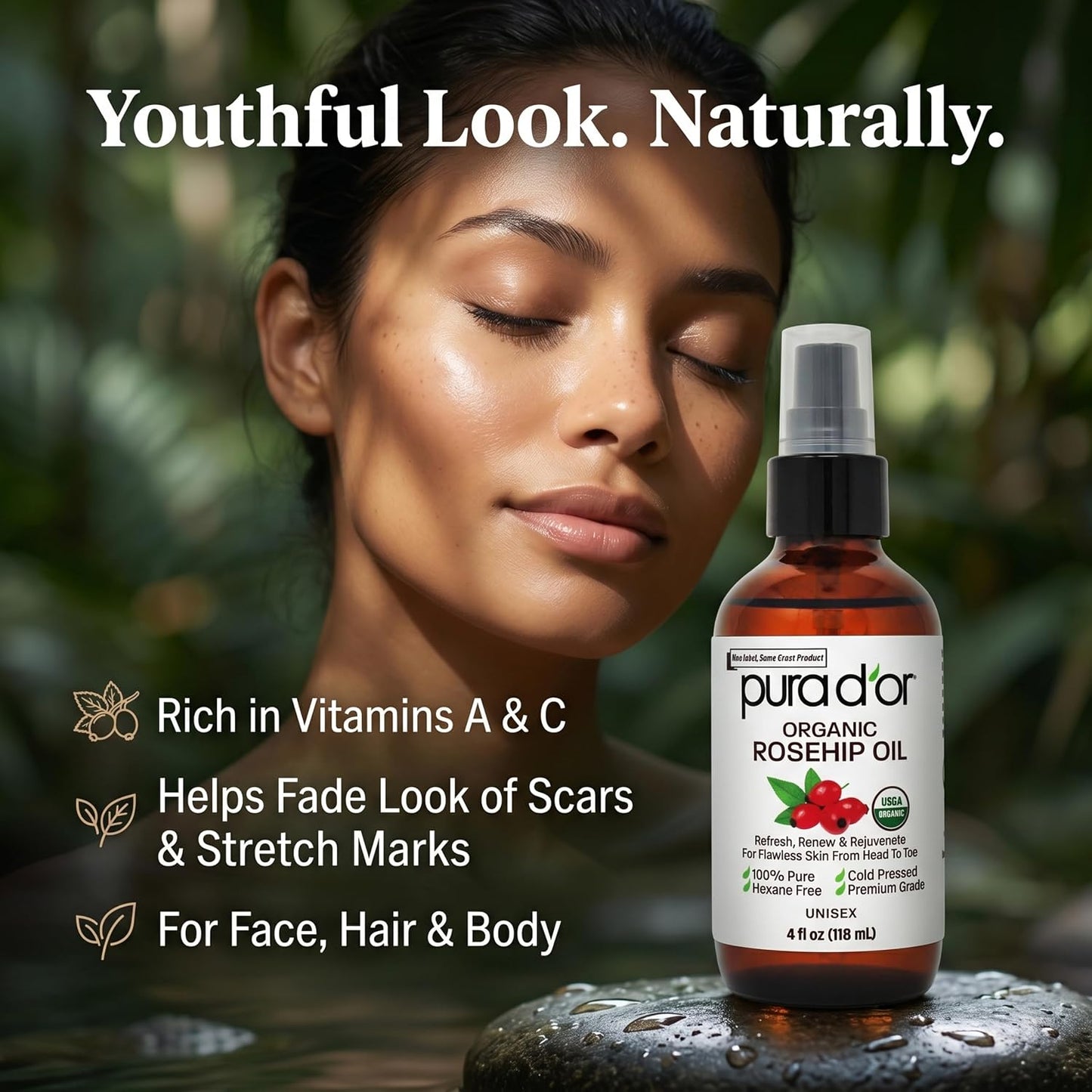 HotPURA D'OR ORGANIC Rosehip Seed Oil 100% Pure Cold Pressed USDA Certified For Hair, Skin, Scalp, Anti Aging Face & Body - Hexane Free Glass Bottle - 4 Oz - Hair Regrowth Tonic