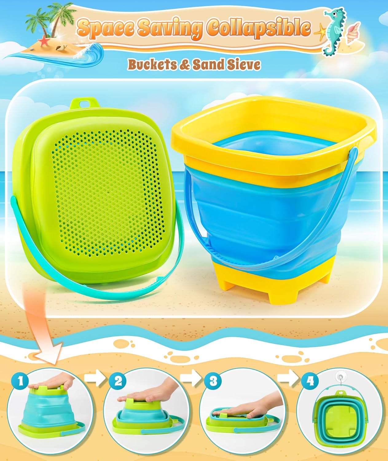 HotDUDUCOFU Collapsible Beach Sand Toys for Kids Toddlers, Collapsible Sand Bucket with Sifter Shovels Set with Mesh Bag and Sand Molds, Travel Beach Sandbox Toys for Boys Girls 3 4 5 6 7 8 9 10
