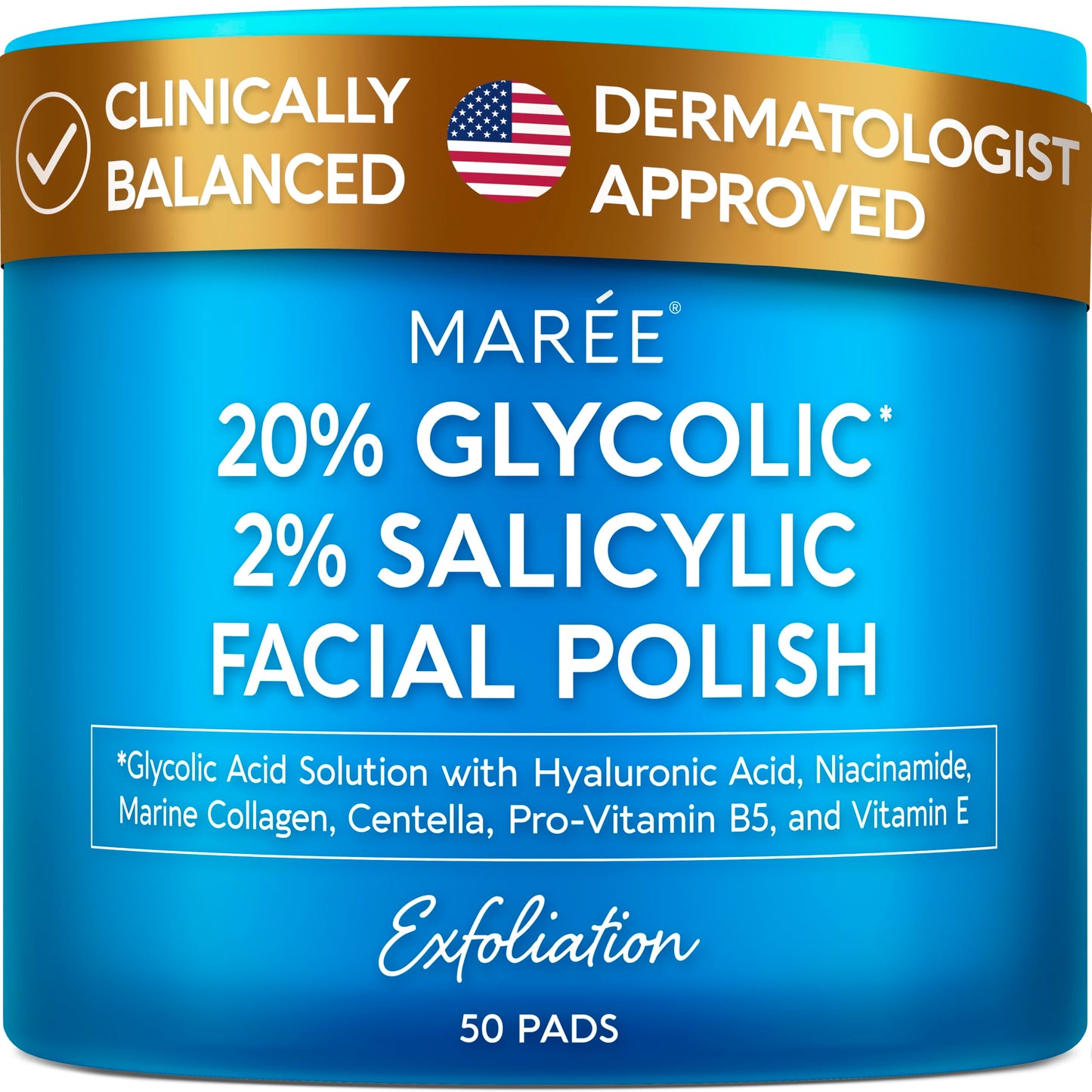 HotMAREE Glycolic Acid Pads - Toner Pads for Face Cleansing - Exfoliating Pad with Tea Tree Oil, Salicylic Acid & Vitamins E, B3, B5 - Facial Polishes & Peels, Skin Pore Resurfacing & Radiance - 50 Count