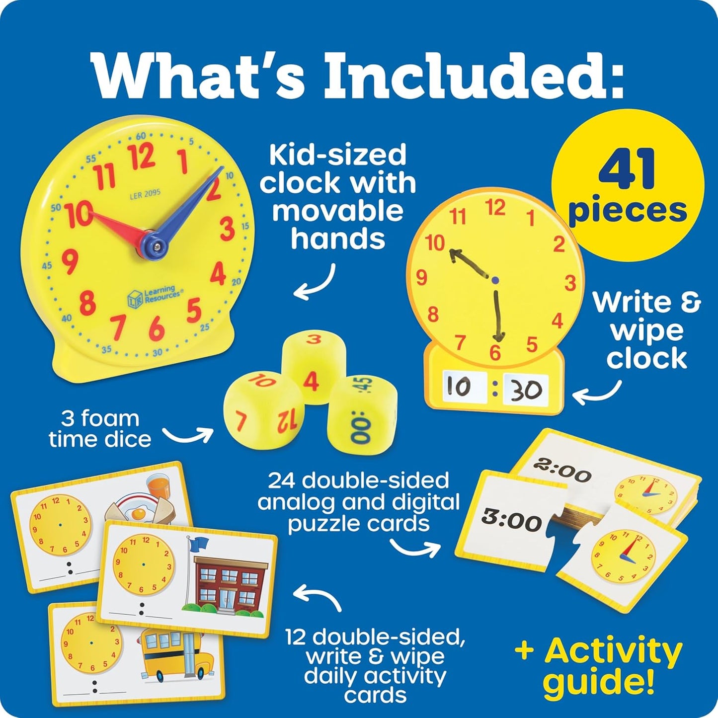 Hot Learning Resources Time Activity Set - Kids Learning Clock, Classroom Clocks for Students, Telling Time Teaching Clock, Analog Clocks for Kids, Teaching Classroom Supplies