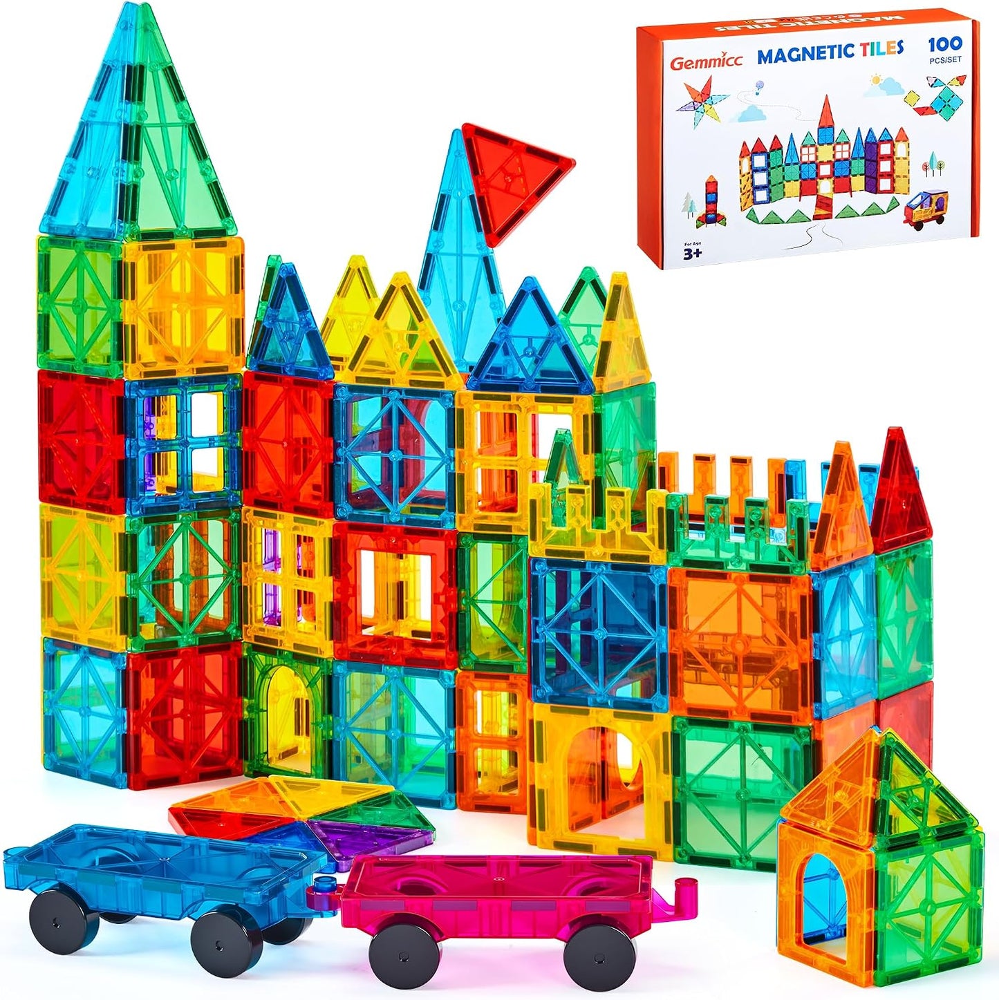 Hot Gemmicc 100 PCS Magnetic Tiles with 2 Cars, STEM Approved Educational Magnet BuildingToys, Magnet Puzzles Stacking Blocks for Boys Girls