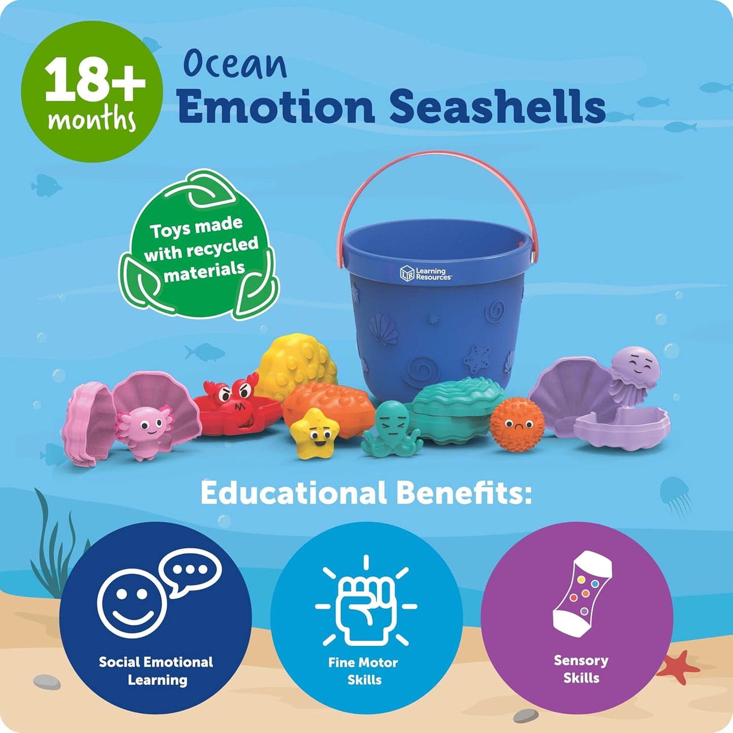Hot Learning Resources Ocean Emotions Seashells | Sea Animals and Bucket, Sand Toys for Sandbox, Kids Beach Toys, Summer Sensory Bin Toy, Outdoor Water Toddler Toy