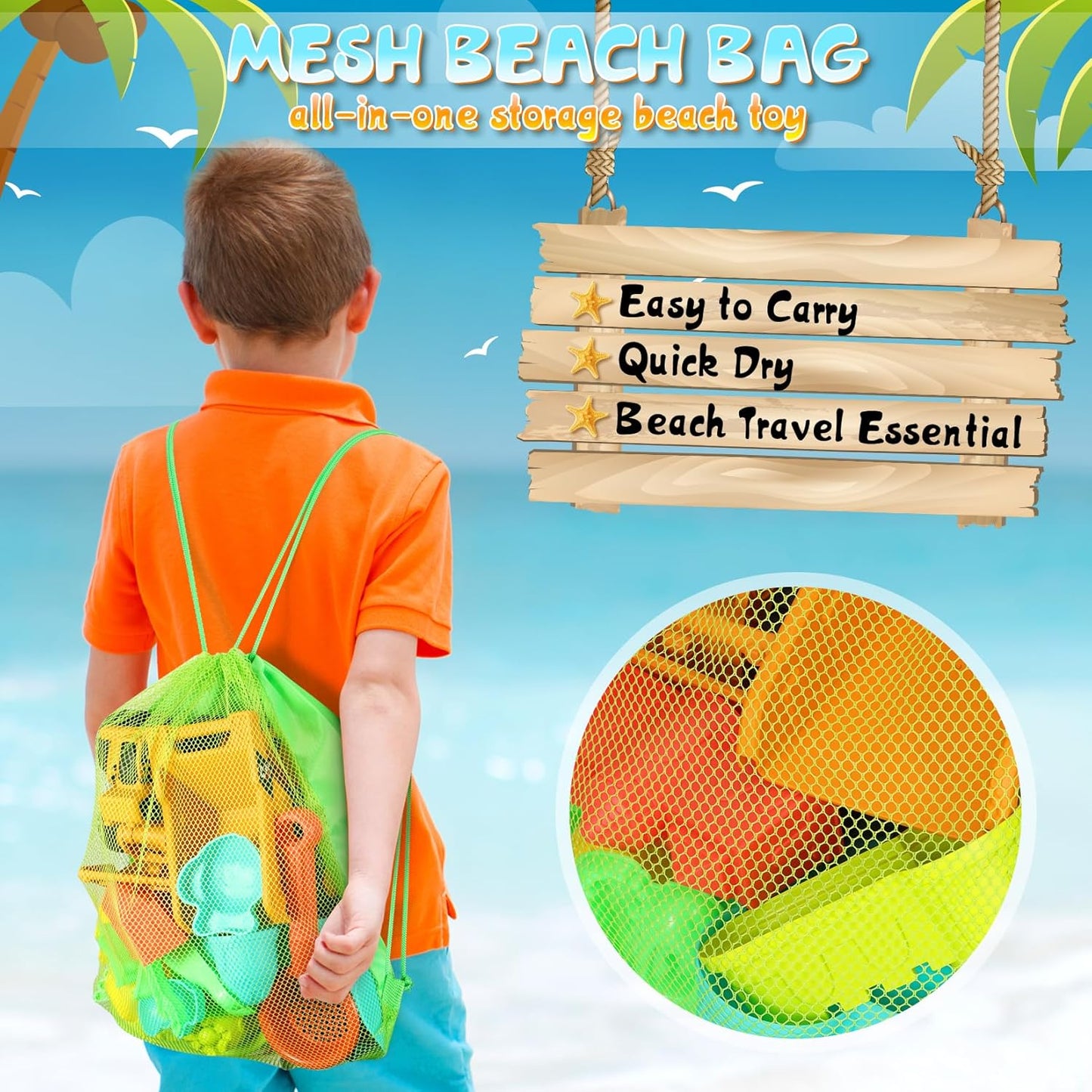 HotHUITEM Beach Sand Toys for Kids, 29PCS Sandbox Toys with 2 Collapsible Bucket Sand, 2 Dump Truck, Dinosaur Molds, Castle Building Kit, Shovel Sieve,Flags,Mesh Bag Travel Beach Toys for Toddler 3-10