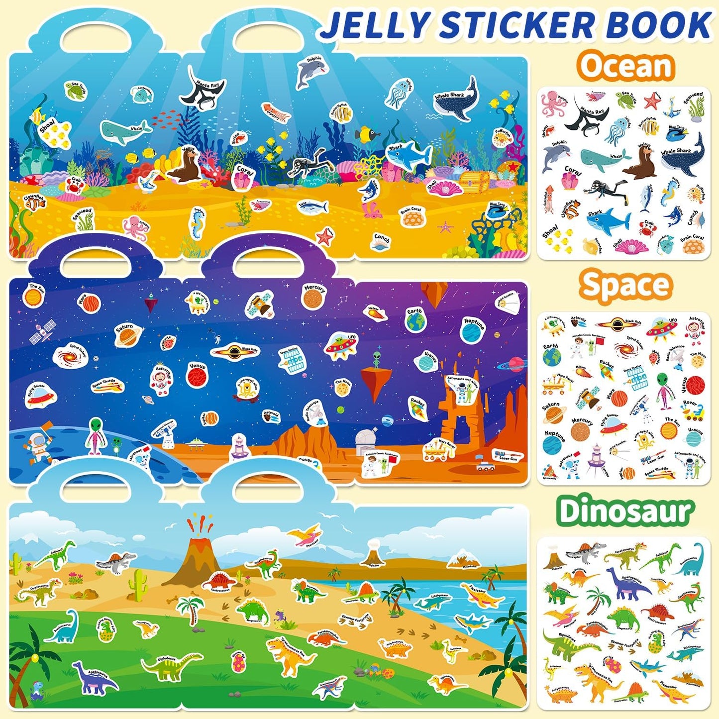 Hot6 Sets Reusable Sticker Book for Toddlers 3-6, Jelly Stickers Book for Kids, Travel Sticker Activity Toys for Childs 3 4 5 6 Years Girls & Boys Best Gifts