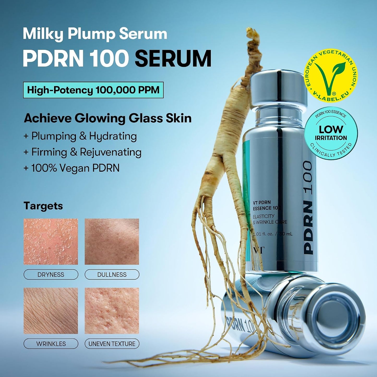 HotVT COSMETICS PDRN 100 Essence, Intensive Glow Serum, 100,000ppm Vegan PDRN, Skin Restoration & Plumping, Hydrating & Moisturizing, Firming, Fine Lines, Korean Skincare 1.01 fl. Oz.