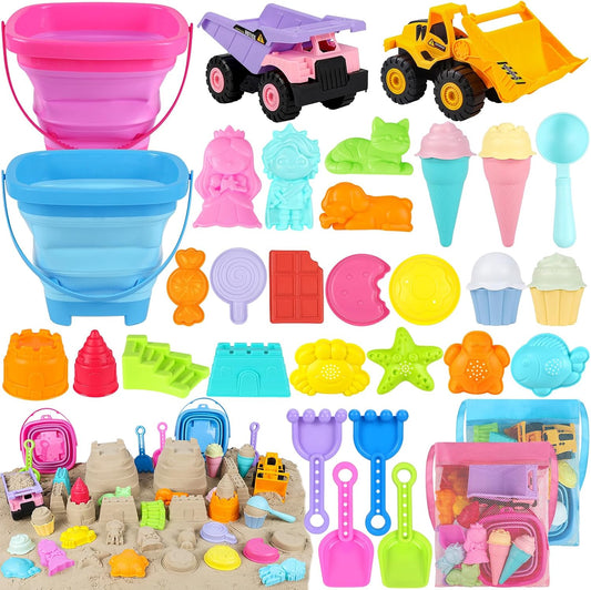Hot EULRGAUS Beach Toys, 36 PCS Sand Toys with Construction Vehicles, Collapsible Bucket, Princess & Prince and Ice Cream Toys, Sand Castle Building Kit, Beach Shovel, Beach Games for Kids, Boys and Girls