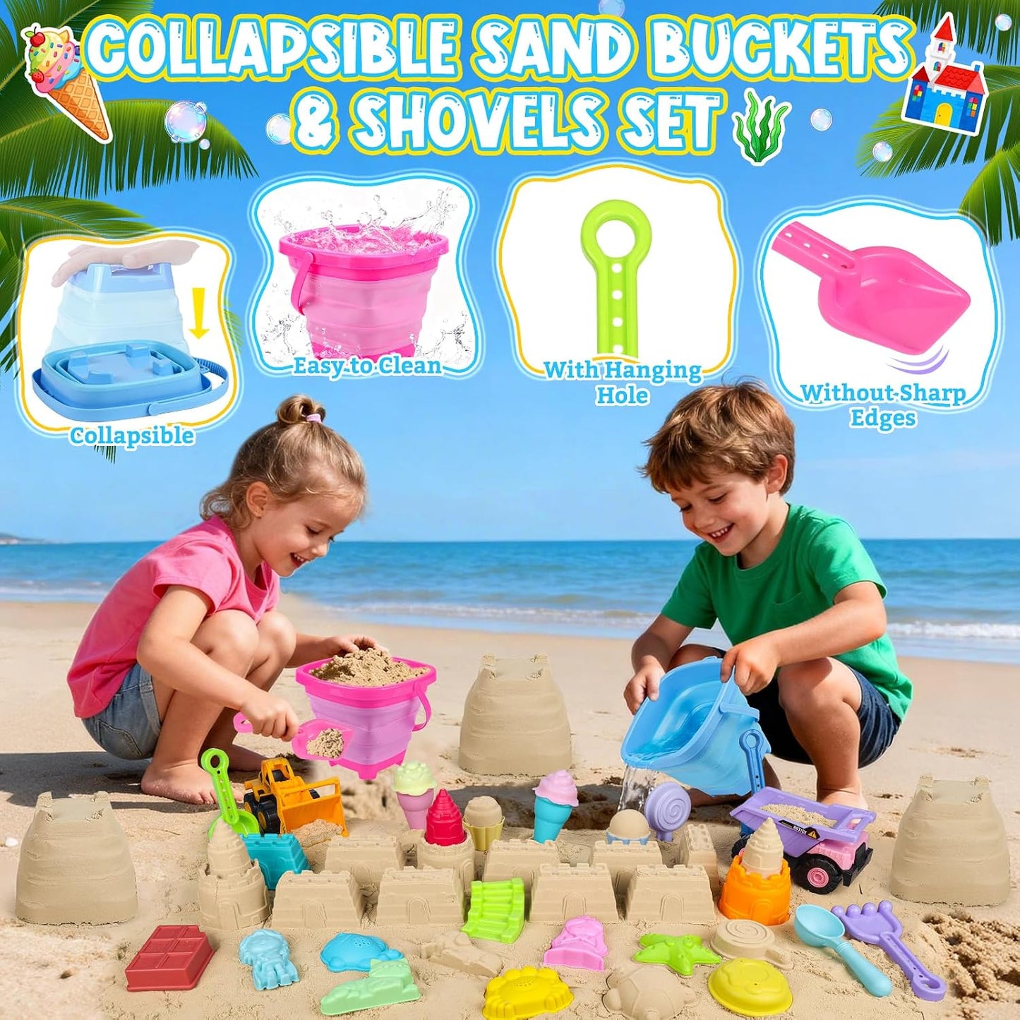 Hot EULRGAUS Beach Toys, 36 PCS Sand Toys with Construction Vehicles, Collapsible Bucket, Princess & Prince and Ice Cream Toys, Sand Castle Building Kit, Beach Shovel, Beach Games for Kids, Boys and Girls
