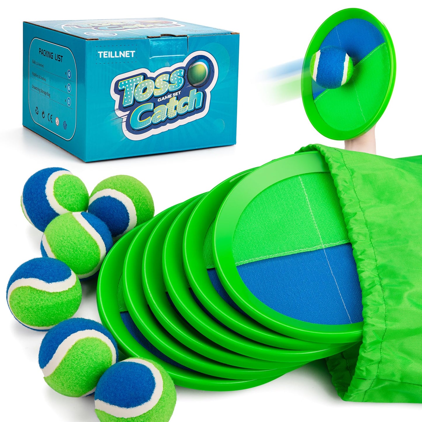Hot TEILLNET Toss and Catch Ball Set Upgraded - Kids Toys Beach Toys Baseball Games - Sturdy & Water-Resistant for Outdoor Pool Yard Games - Classic Gift for Boys Girls 3 4 5 6 7 8 9 10 11 12+ Years