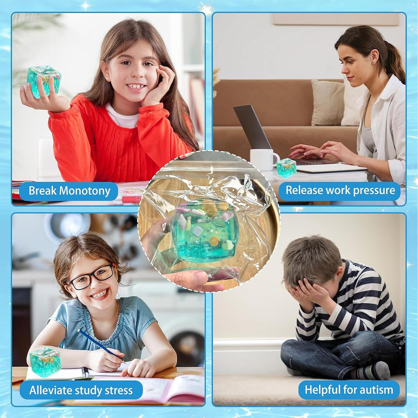 HotIce Cube Cube Fidget Toys - Sensory Toys for Adult with Real Sea Shells, Squishy Fidget Toy for ADHD, Anxiety Relief | Non-Toxic Squeeze Ball for Focus & Calm for School, Office