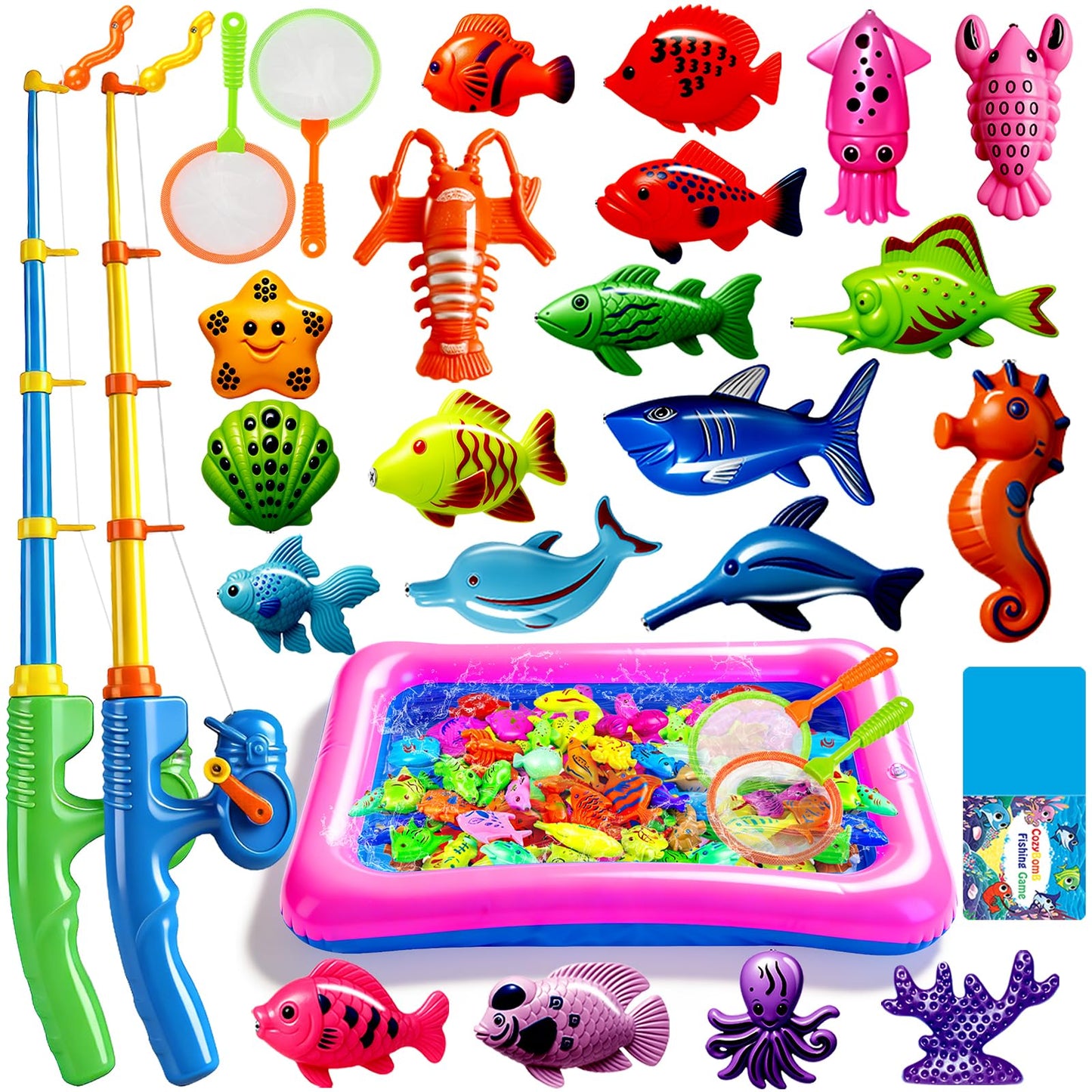 Hot CozyBomB™ Magnetic Fishing Toys Game Set for Kids | Water Table Bathtub Kiddie Pool Party Pole Rod Net, Outdoor Plastic Floating Fish, Toddler Bath Color Ocean Sea Animals Birthday Gift Age 3-5 6 4-8