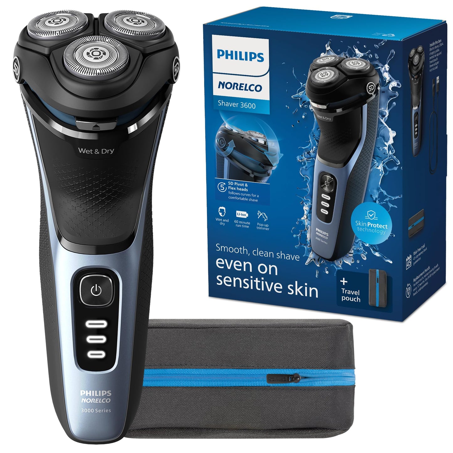 HotPhilips Norelco Shaver 3900 Series, Wet and Dry Electric Shaver, P-Cap, Travel Pouch, Charging Stand, Storm Blue, Model S3341/92