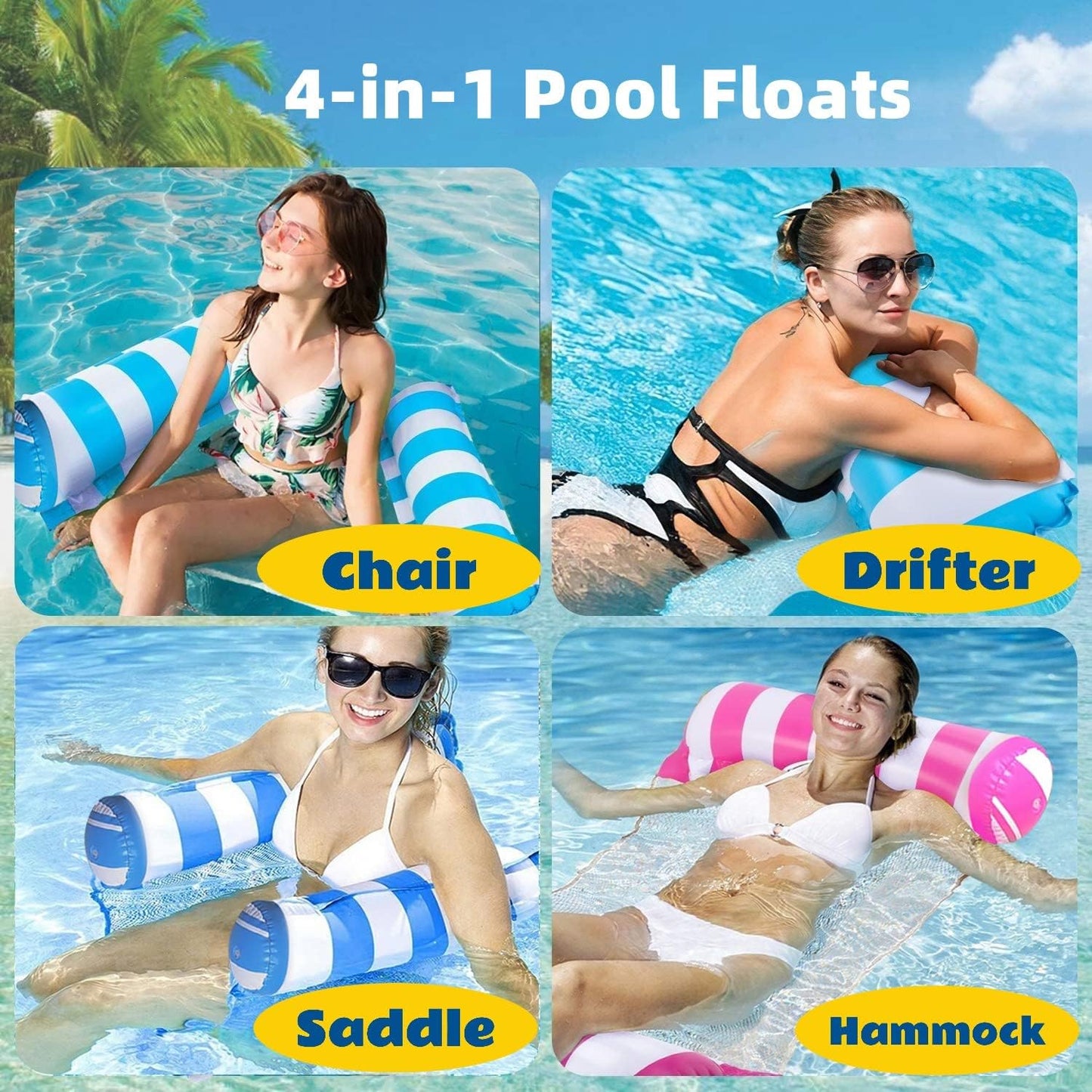 Hot4 Pack Upgrated XL Water Pool Floats, 4-in-1 (Hammock, Saddle, Lounge Chair, Drifter) Multi-Purpose Water Pool Float, Non-Stick PVC Material.