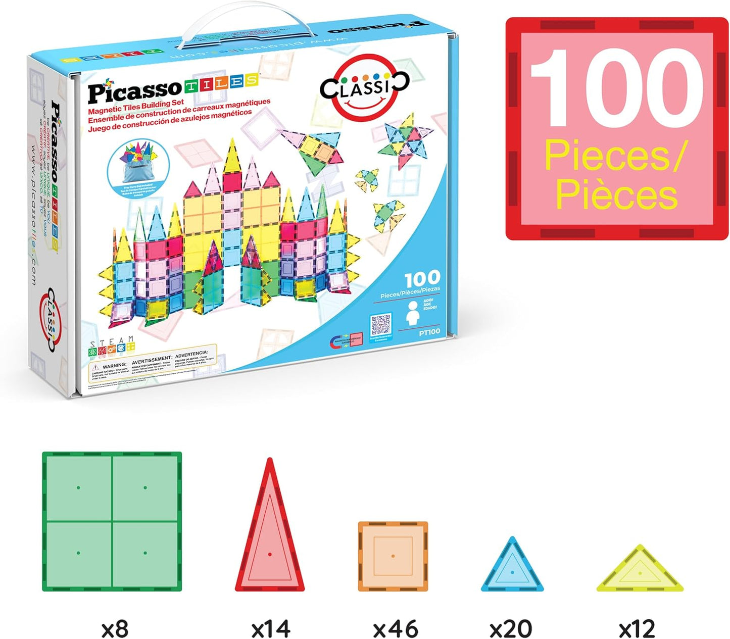 HotPicassoTiles 100 Piece Magnetic Tiles, Clear 3D Building Blocks for Kids 3+ | No-limit scalable builds, hands-on magnet polarity fun, family group play, quick assemble & store, shape & color recognition