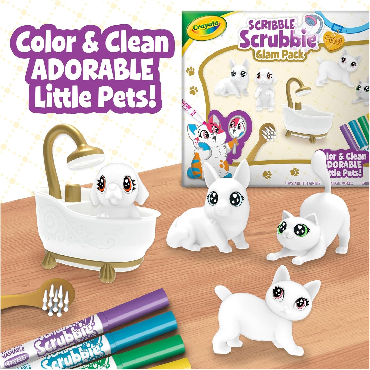 HotCrayola Scribble Scrubbies Glam Pack (4 Pets), Washable Pet Care Toy & Coloring Animal Craft Kit, Gift for Kids, Playset for Girls & Boys, Ages 3+