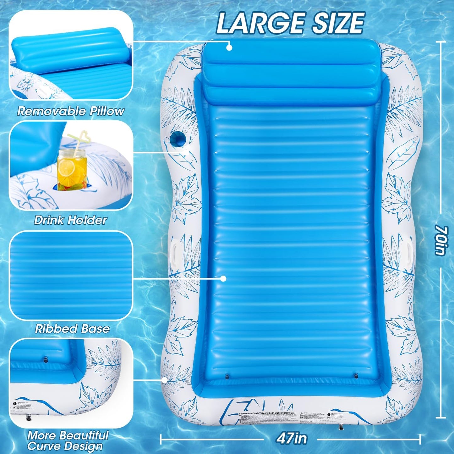 Hot Inflatable Adult Pool Lounger Float - BAIAI Large Beach Sun Tanning Floats Raft Sunbathing Water Lounge Floaties Tub with Drink Holder - Blow Up River & Lake Suntan Floating Swimming Mattress Mat