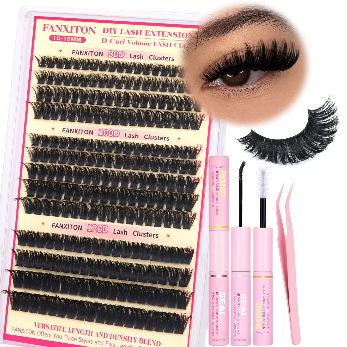 HotFANXITON DIY Individual Eyelash Extension Kit, Thick Volume Lash Clusters 40D+50D D Curvature, 280 Pieces Thin Band Cluster Lashes with Bond and Seal Tweezers