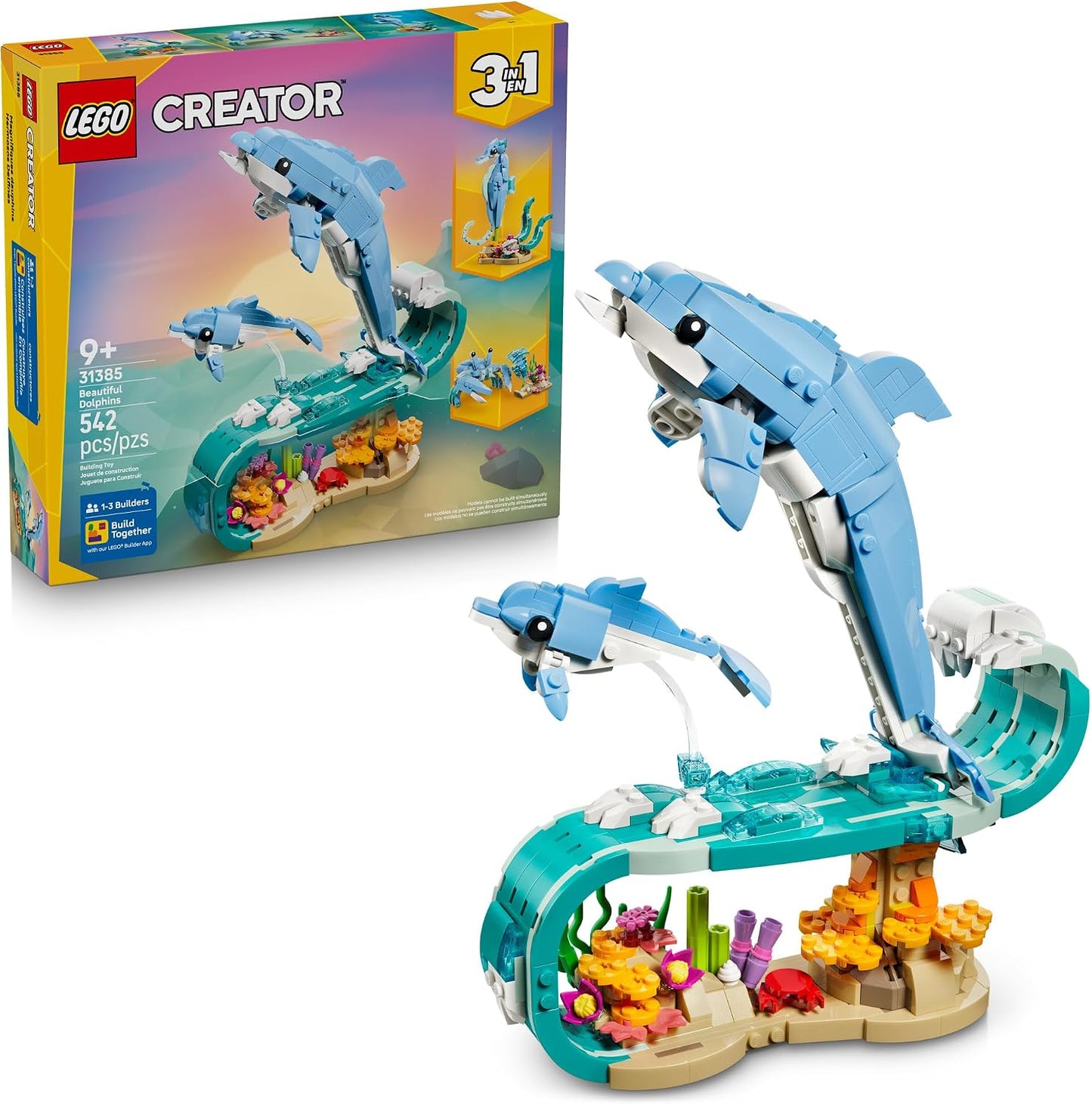 Hot LEGO Creator 3 in 1 Sea Animals: Beautiful Dolphins Building Toy for Girls, Boys, & Kids, Ages 8+ - Gift for Birthdays - Build a Dolphin, Seahorse, or Crab Animal Figure - 31385
