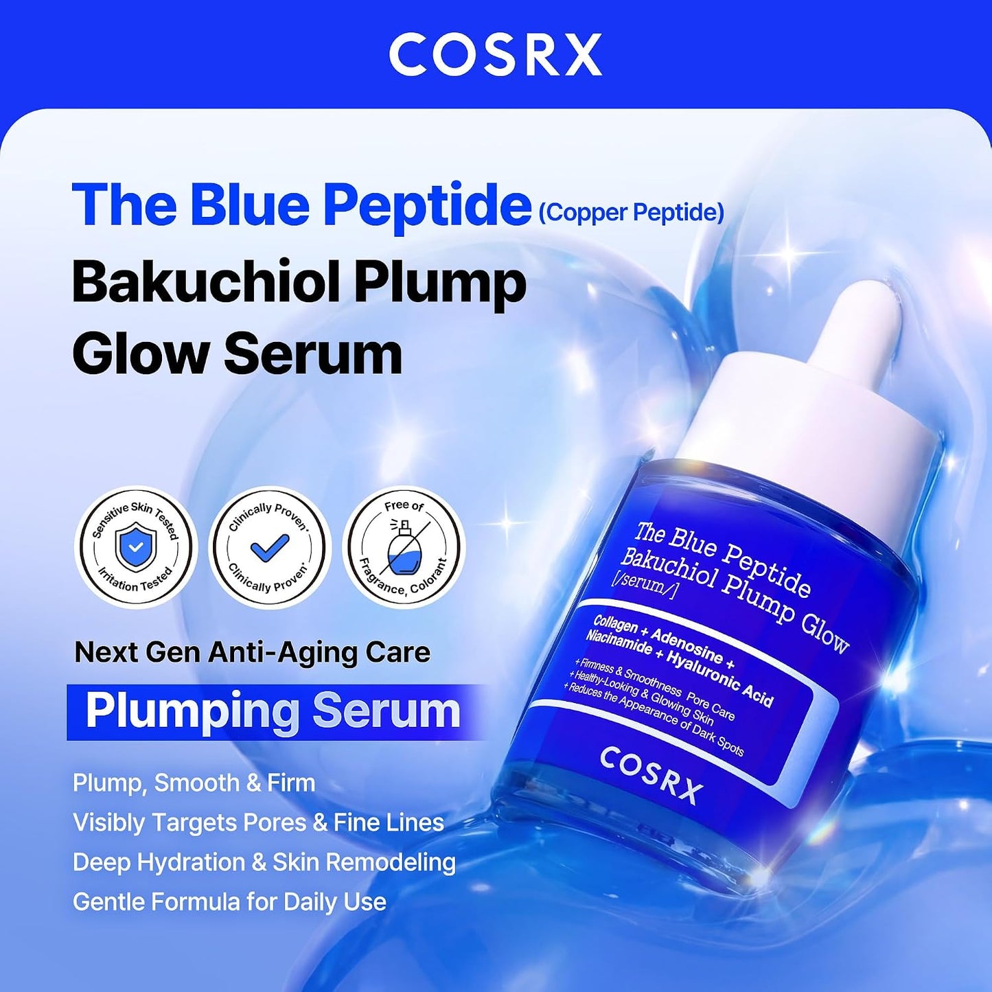 HotCOSRX The Blue Copper Peptide Bakuchiol Serum, Korean Peptide Plumping Serum for Face, GHK-Cu Copper Peptides with Bakuchiol, Glow & Plump, Anti-aging & Skin Firming Care, Korean Skin Care, 1.69 Fl Oz