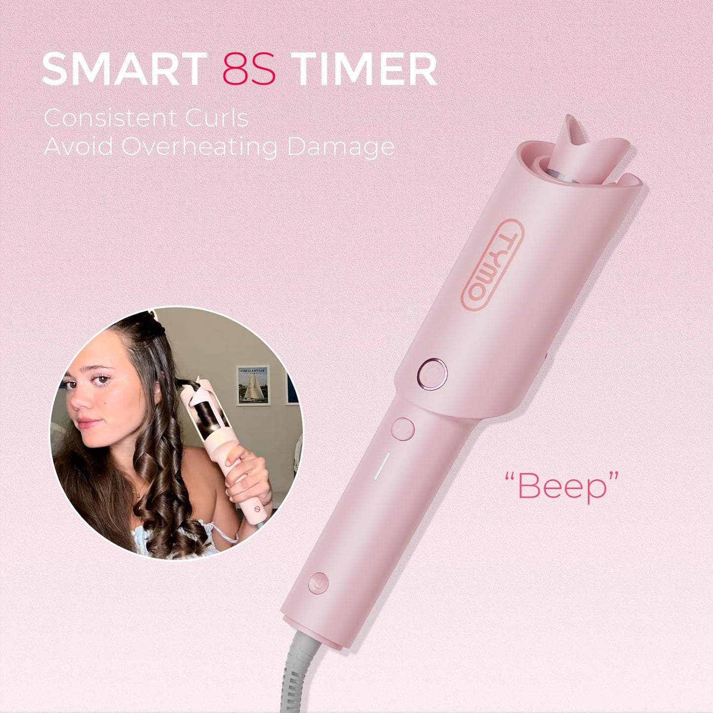 HotTYMO Automatic Rotating Curling Iron - TYMO CURLPRO Beach Waves Curling Wand, Portable Hair Curler, 500 Million Ionic, Dual Voltage & Lightweight for Travel, Ceramic Coating, 1 Inch, Pink
