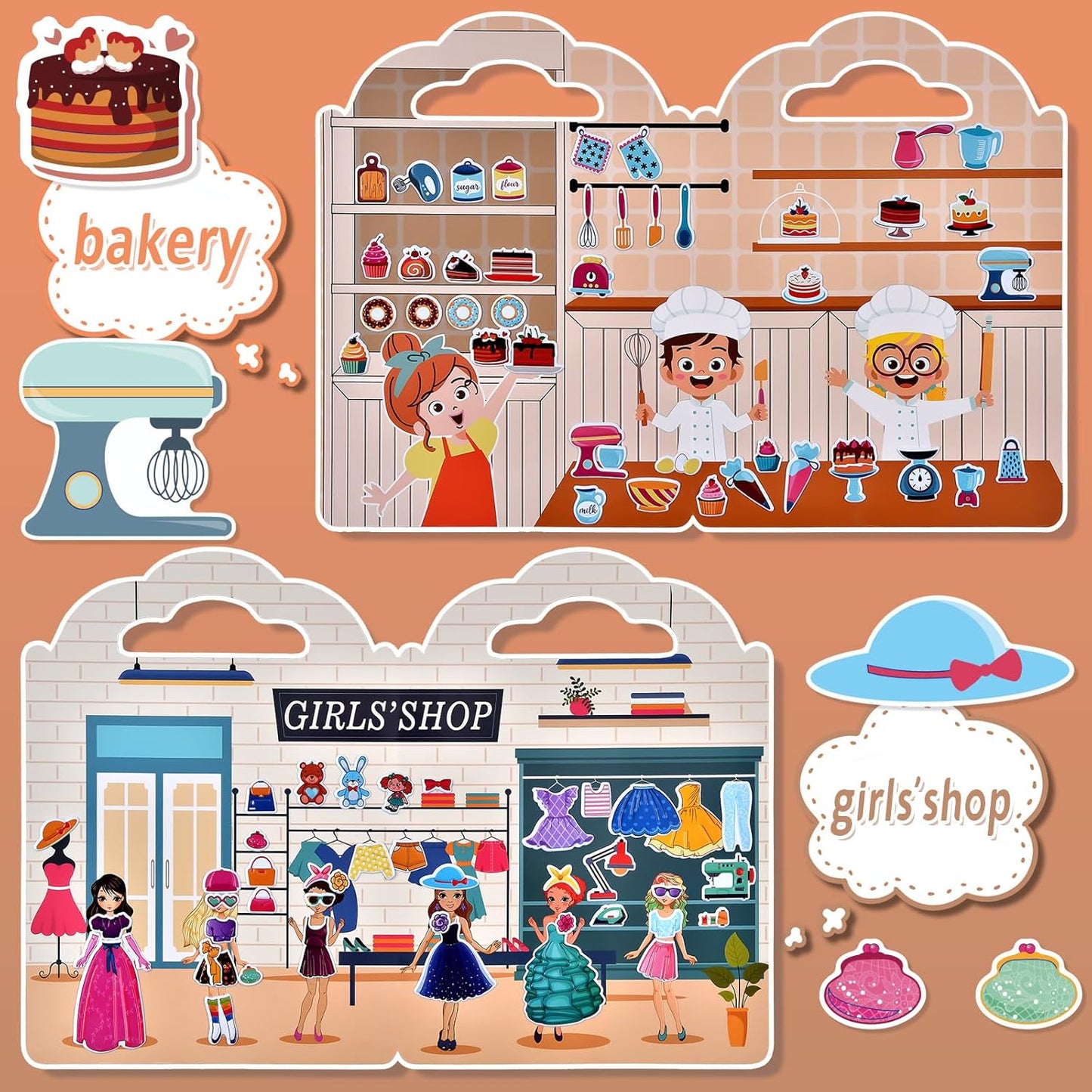Hot6 Set (260pcs) Puffy Sticker Books Activity for Girls, Reusable Stickers Book, Fairytale+Garden+Princess Party+Mermaid+Kids Zone+Girls' Shop, Travel Book for Kids Ages 3+
